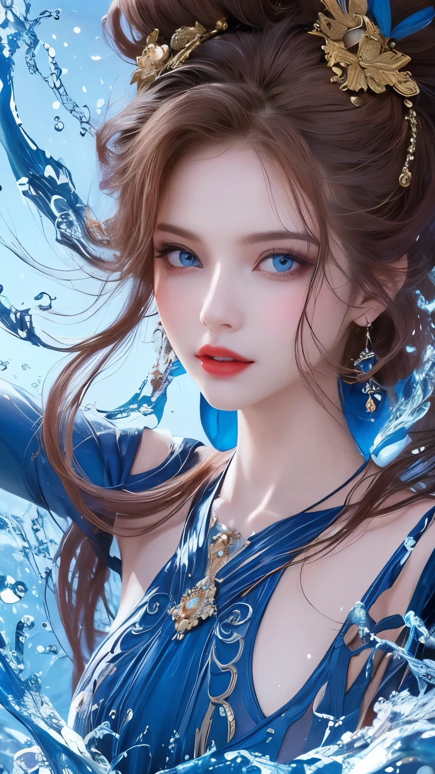 A beautiful woman face close up, seductive look, sharp face, blue eyes,red lips, Majestic artistic look,water pouring on her face, ultradetailed, perfect composition