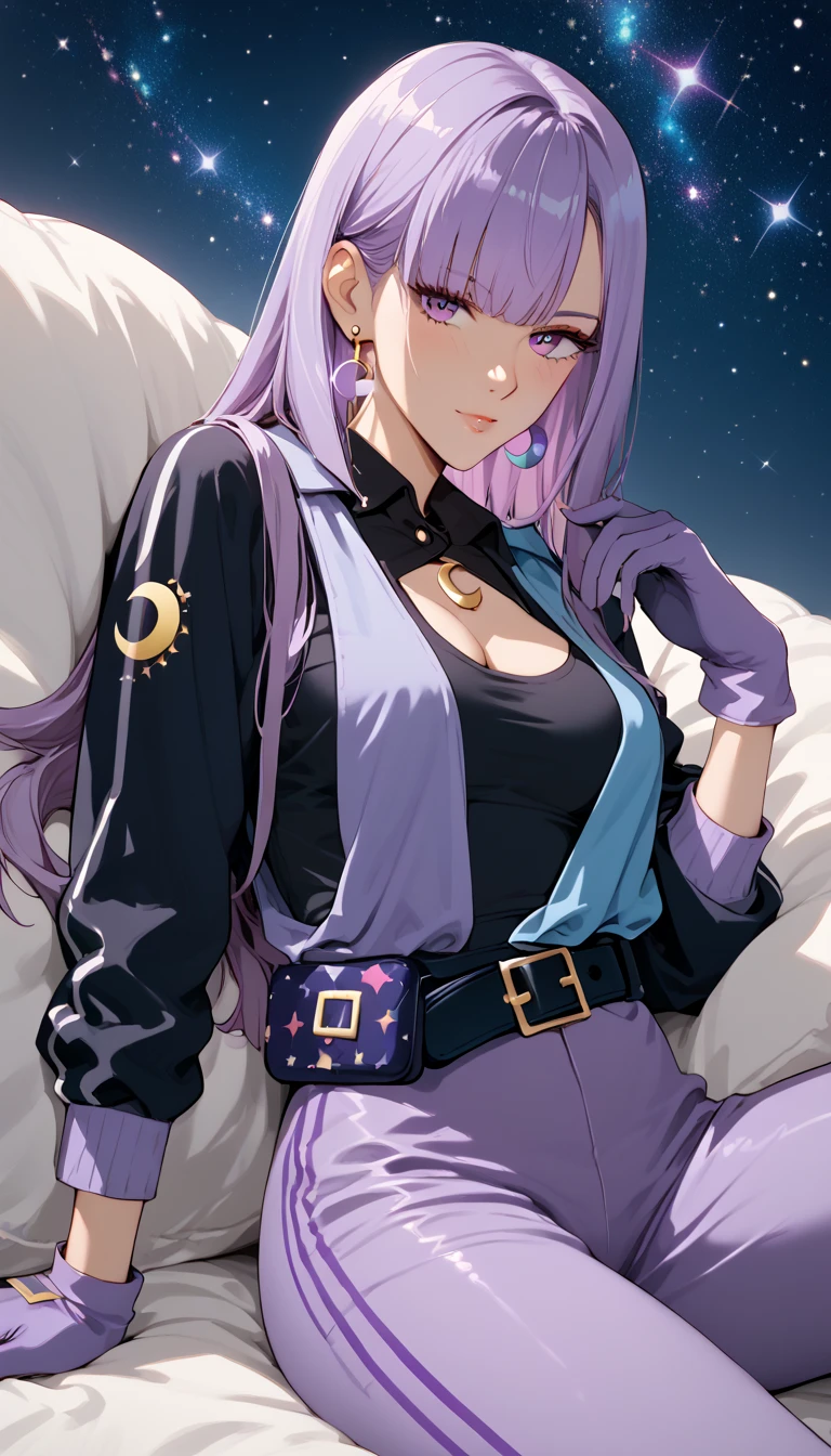  Masterpiece ,  top quality, ( ultra detail), nsfw,  resting 1 girl ,  long hair, straight hair,  light purple hair , crescent earrings on one side, pilotsuit,star (symbol),chest,  gloves, belt,