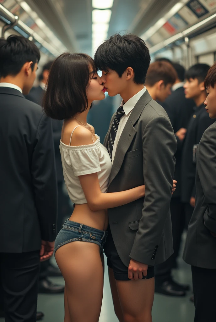 Realistic、Cute handsome man、Idol face、、Japanese、Slim body、Mash Hair、Completely naked、Full nudity、I was hugged from behind by an old man in a suit.、In an office full of people
