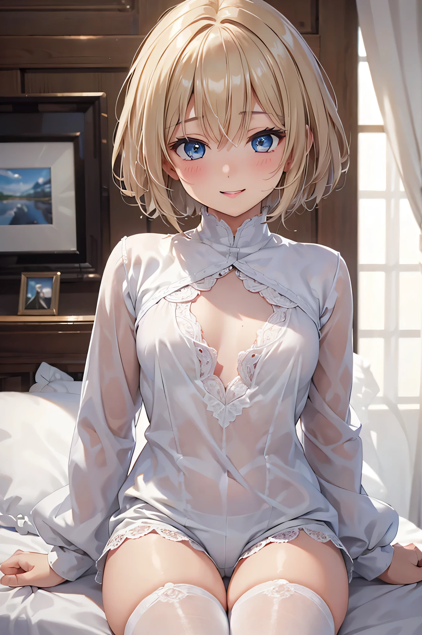  8K resolution ,(( top quality)), ultra high definition,femboy, Alone,  sexy, ( embarrassed smile), (Light brown eyes),  beautiful symmetrical face , ( platinum blonde short hair ), white long sleeve shirt,Noble Attire , Lace Shorts , white tights, realistic:1.4, realistic:1.4,(masterpiece:1.2), perfect eyes, perfect eyes, Perfect Thighs ,（ open your mouth:1.3),Sigh,bedroom, flat chest, boy