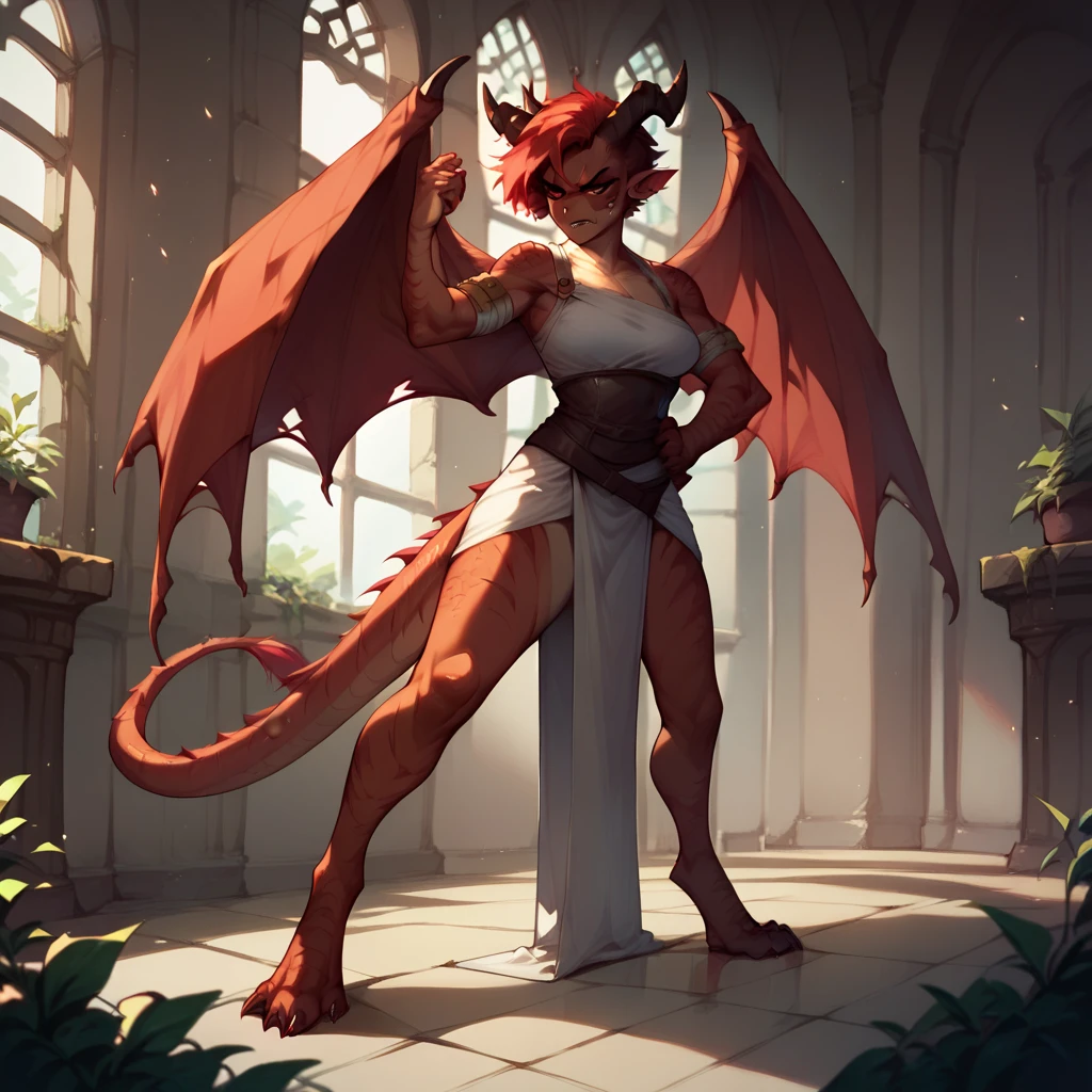 a female dragon with red eyes and short red hair. she has claws and wings and horns. she looks angry and is standing inside a dreary castle. she has on barbarian clothes