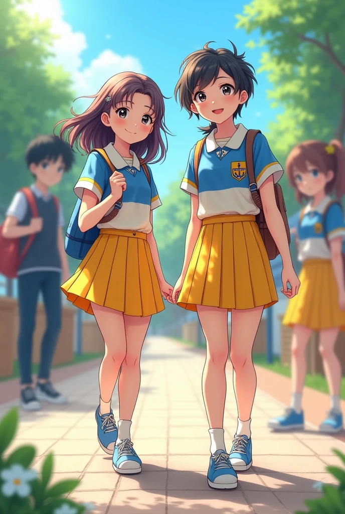 Two running children, on the school campus, carrying school bags, happy, happy, perfect quality, clear focus (clutter - home: 0.8), (masterpiece: 1.2) (Realistic: 1.2) (Bokeh) (Best quality) (Detailed skin: 1.3) (Intricate details) (8K) (Detail Eyes) (Sharp Focus), (Happy)