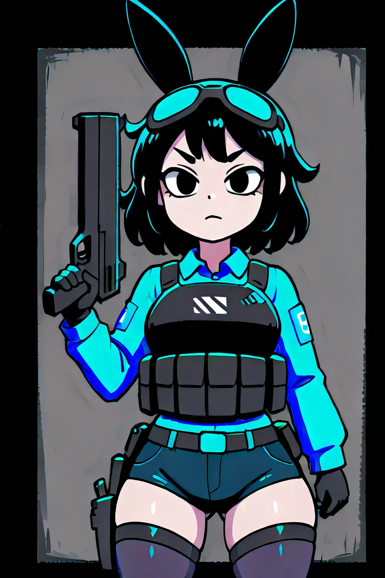 (masterpiece:1.2), best quality, high resolution, unity 8k wallpaper, (artwork:0.8), 1 girl, alone, one woman, long messy hair, black hair, holding a gun in one hand (wearing:black bulletproof vest, black gloves, utility belt, gun holsters, with tactical attire or style, black tactical goggles over hair, black eyes, black tactical uniform, black short shorts, black thigh-high stockings, black bunny ears, tired look, look with dark circles, tired state), she is a killer
