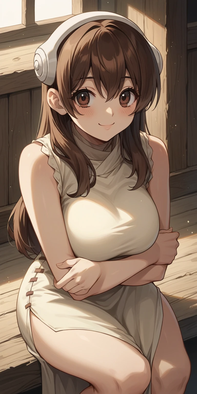 score_9, score_8_up, score_7_up, source_anime, yuzurikha ,  long hair, bang,  brown hair ,  brown eye ,  white full-size headphones, ( huge breasts:0.6),( huge hips :0.8),  open shoulders , clavicle, shoulder,  vest , beige dress,  side cut,  is sitting,  knees tucked to her chest , crossed my arms , in a primitive house , smile,  style to blush,  looks at the viewer , One,