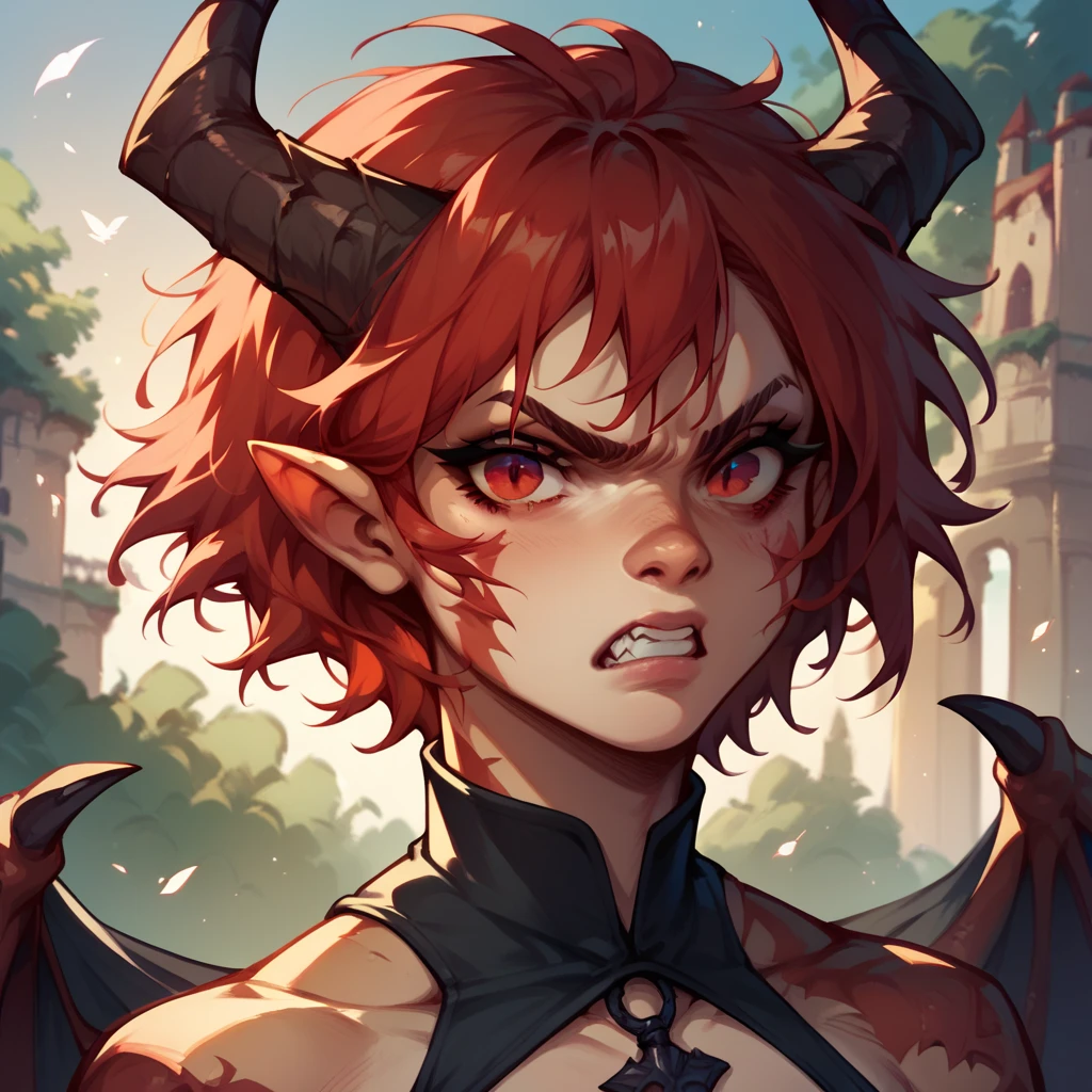 a female dragon with red eyes and short red hair. she has claws and wings and horns. she looks angry and is standing inside a dreary castle. she has on barbarian clothes. close-up to waist up. she is looking at you.