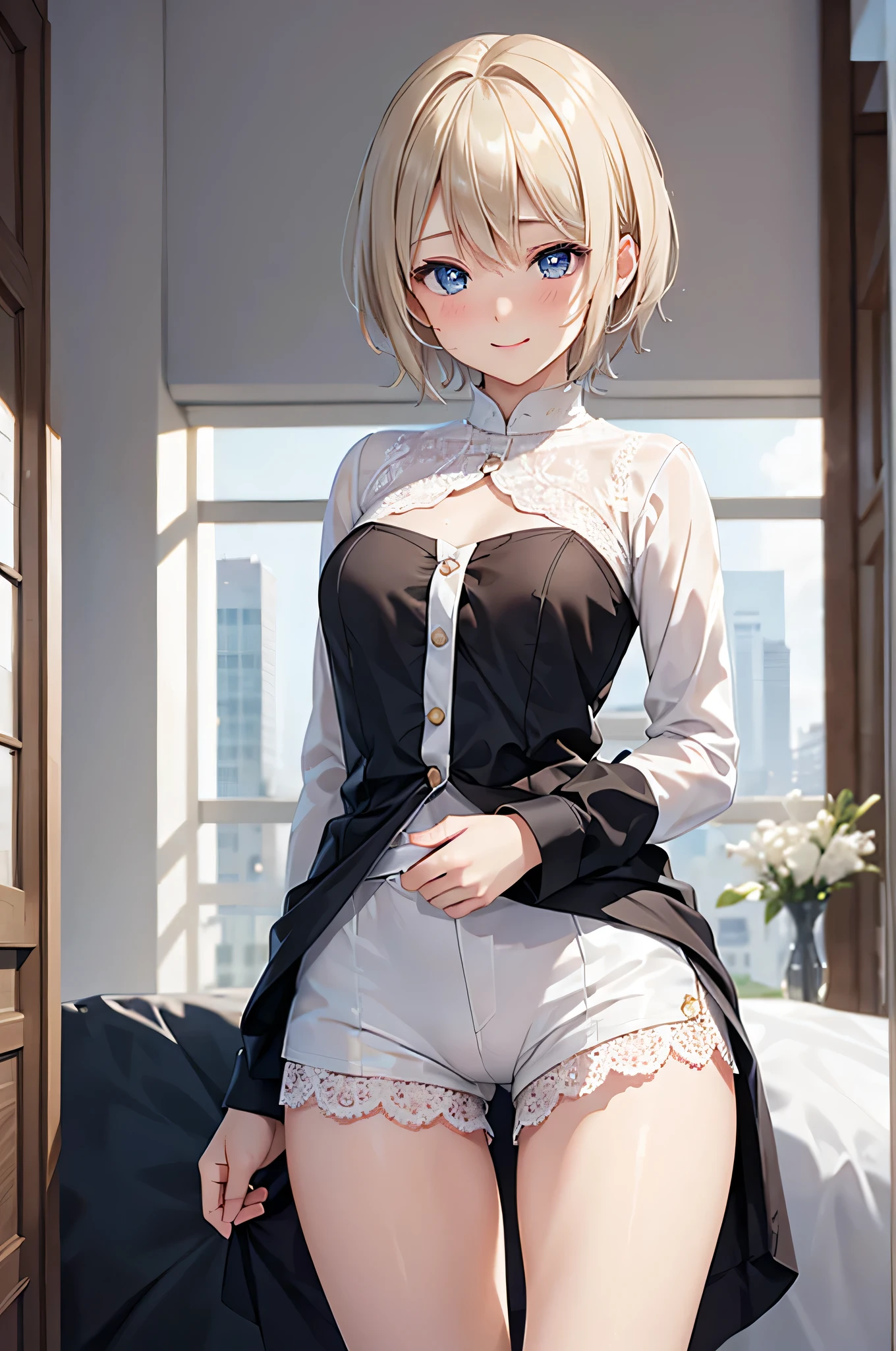  8K resolution ,(( top quality)), ultra high definition,femboy, Alone,  sexy, ( embarrassed smile), (Light brown eyes),  beautiful symmetrical face , ( platinum blonde short hair ), white long sleeve shirt,Noble Attire , Lace Shorts , white tights, realistic:1.4, realistic:1.4,(masterpiece:1.2), perfect eyes, perfect eyes, Perfect Thighs ,（ open your mouth:1.3),Sigh,bedroom, flat chest, boy