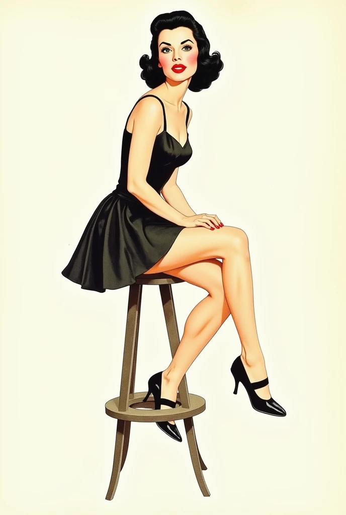 drawing of a sexy and sensual woman, pinup, pink dress, black hair, perfect eyes, sitting on the edge of a chair, looking at the camera <lora:pinup_v3.0-000003:1>