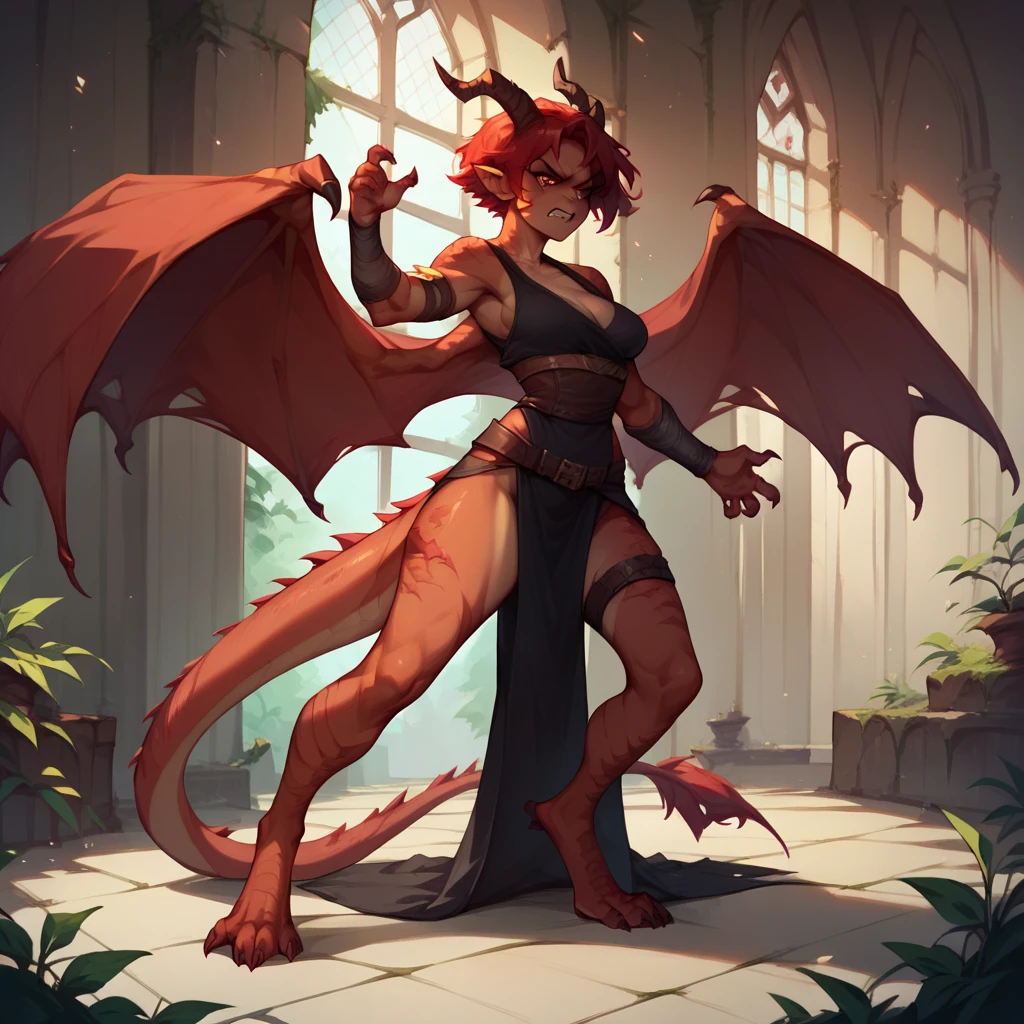 a female dragon with red eyes and short red hair. she has claws and wings and horns. she looks angry and is standing inside a dreary castle. she has on barbarian clothes