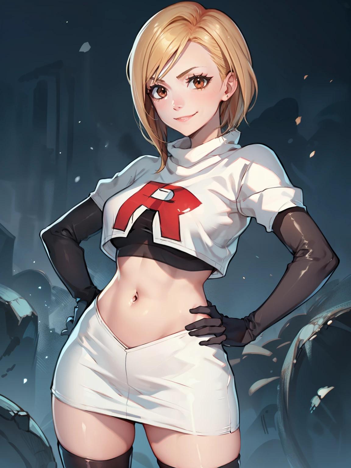 ff7elena, blonde hair,brown eyes,glossy lips ,team rocket uniform, red letter R, white skirt,white crop top,black thigh-high boots, black elbow gloves, evil smile, looking at viewer, cowboy shot, hands on hips