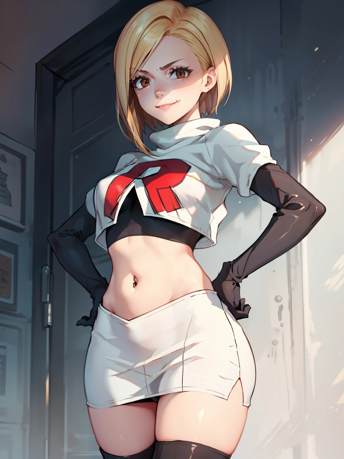 ff7elena, blonde hair,brown eyes,glossy lips ,team rocket uniform, red letter R, white skirt,white crop top,black thigh-high boots, black elbow gloves, evil smile, looking at viewer, cowboy shot, hands on hips