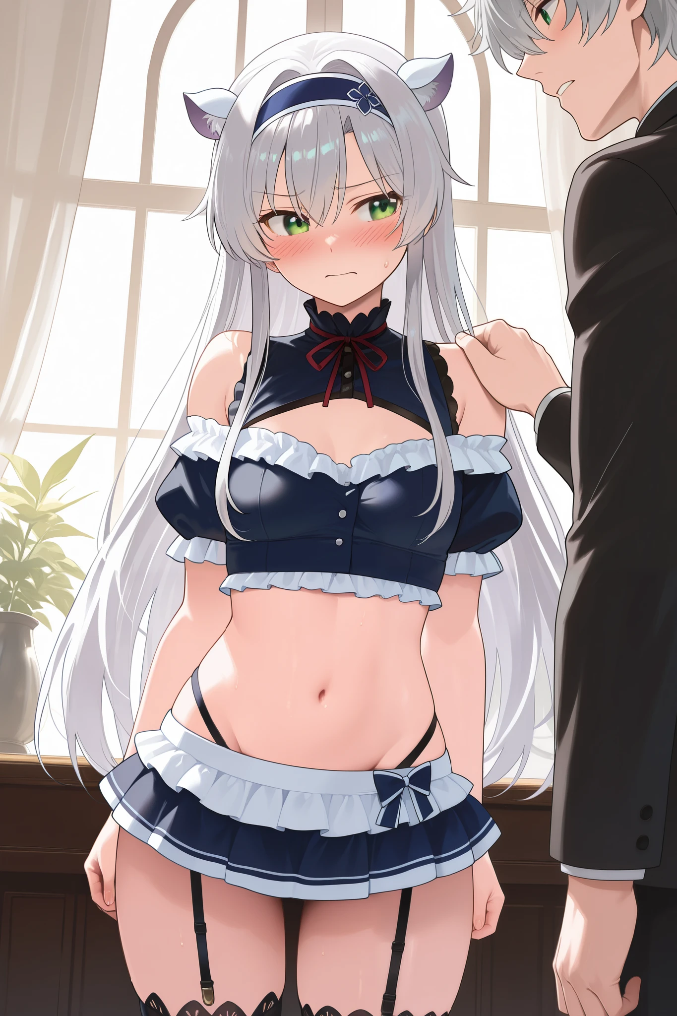 NSFW,masterpiece, top quality, high definition, very detailed,Sistine＝Fiebel 、 Roku Denashi Magi Instructor and Akashic Records、 green eyes、 gray hair、stupid hair、 small breasts、 long hair、 blue headband 、 fake animal ears , maid clothes , crop top, off shoulder, micro mini skirt, garter belt,Groin,Nobleman&#39;s Mansion,Office,Embarrassed,blush, get sexually harassed ,Can you hug your shoulder