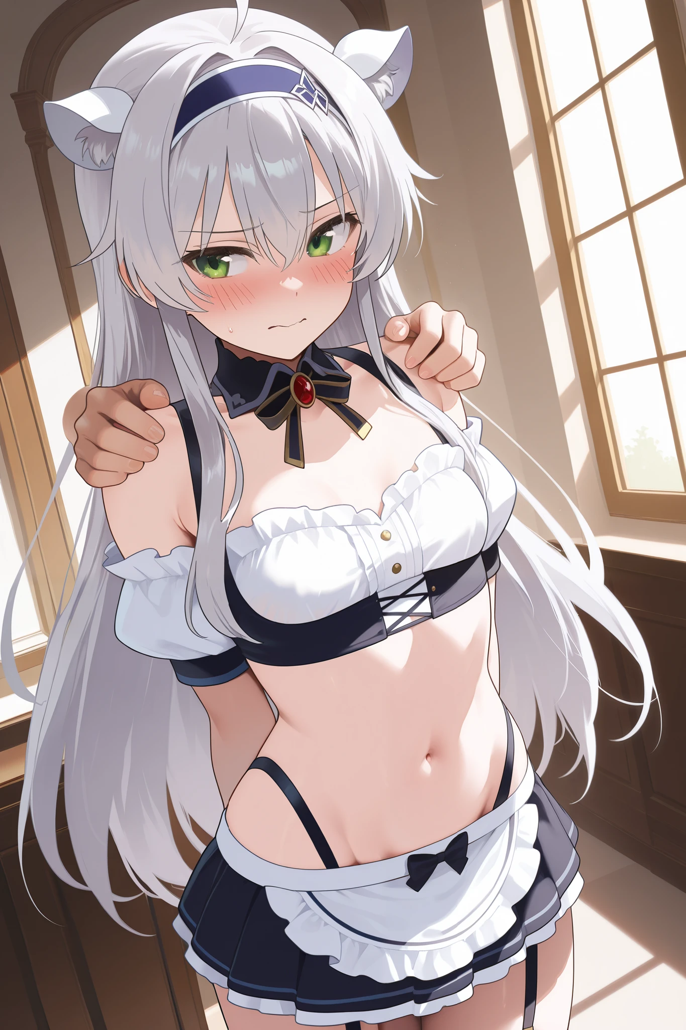 NSFW,masterpiece, top quality, high definition, very detailed,Sistine＝Fiebel 、 Roku Denashi Magi Instructor and Akashic Records、 green eyes、 gray hair、stupid hair、 small breasts、 long hair、 blue headband 、 fake animal ears , maid clothes , crop top, off shoulder, micro mini skirt, garter belt,Groin,Nobleman&#39;s Mansion,Office,Embarrassed,blush, get sexually harassed ,Can you hug your shoulder