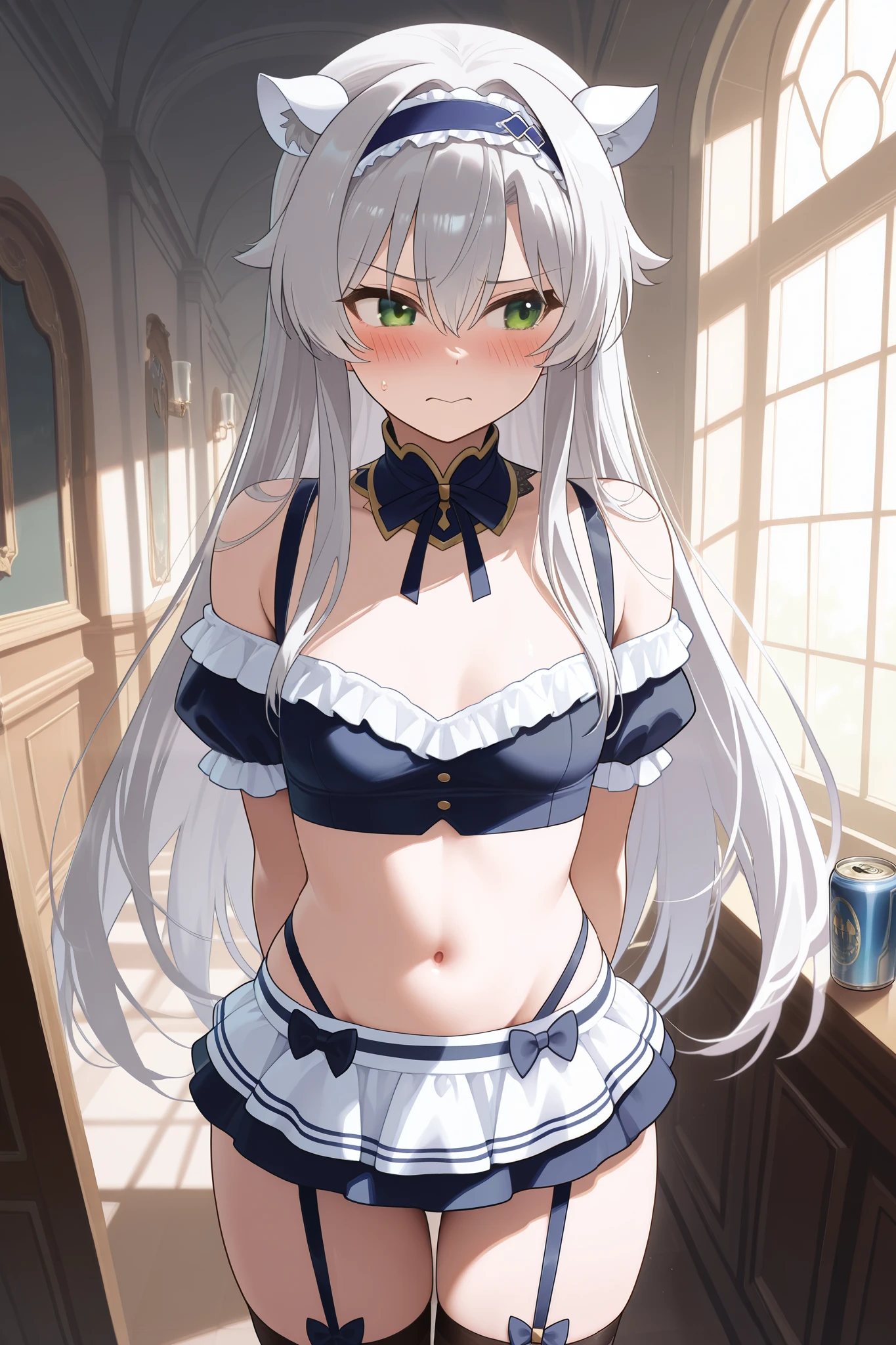 NSFW,masterpiece, top quality, high definition, very detailed,Sistine＝Fiebel 、 Roku Denashi Magi Instructor and Akashic Records、 green eyes、 gray hair、stupid hair、 small breasts、 long hair、 blue headband 、 fake animal ears , maid clothes , crop top, off shoulder, micro mini skirt, garter belt,Groin,Nobleman&#39;s Mansion,Office,Embarrassed,blush, get sexually harassed ,Can you hug your shoulder