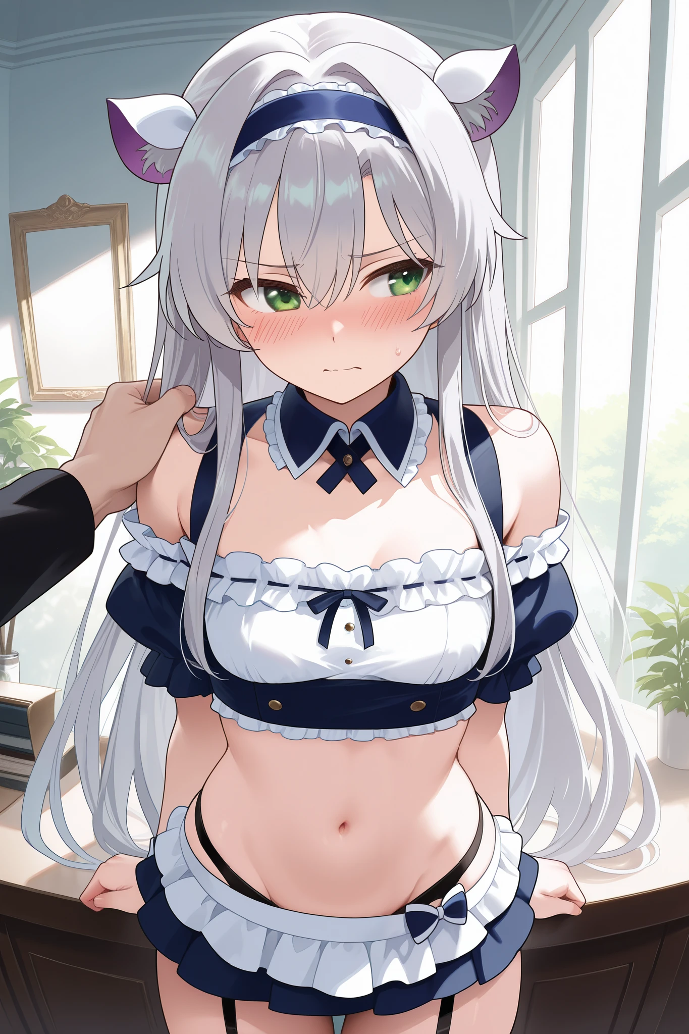 NSFW,masterpiece, top quality, high definition, very detailed,Sistine＝Fiebel 、 Roku Denashi Magi Instructor and Akashic Records、 green eyes、 gray hair、stupid hair、 small breasts、 long hair、 blue headband 、 fake animal ears , maid clothes , crop top, off shoulder, micro mini skirt, garter belt,Groin,Nobleman&#39;s Mansion,Office,Embarrassed,blush, get sexually harassed ,Can you hug your shoulder