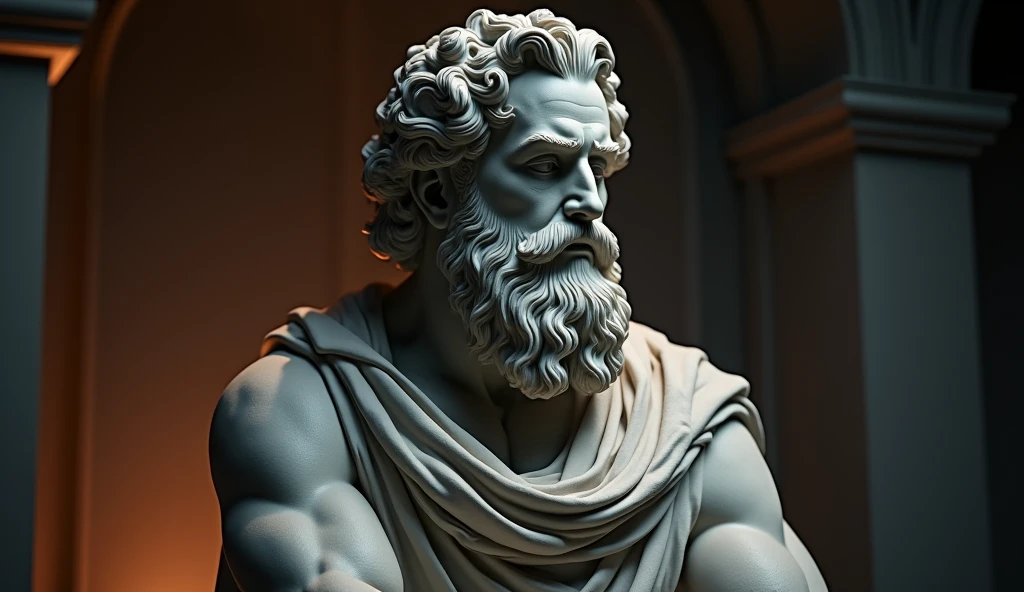
Create an image of a detailed marble statue of a Greek philosopher with prominent facial features, including a strong jawline, wavy hair, and a thick beard. The background should be a dramatic, dark setting with subtle orange lightning effects to enhance the mood. Focus on the statue's expression, conveying wisdom and contemplation, while ensuring there is no text in the image. --ar 16:9 --no frame --v 6.0
