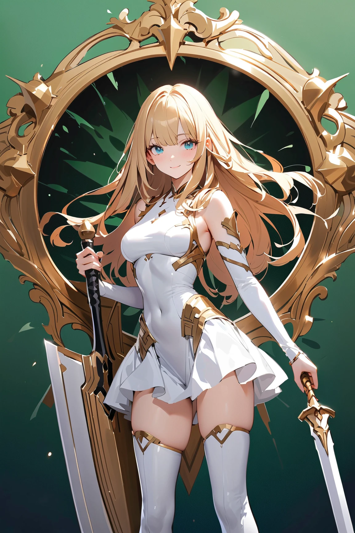 (green background:1.3), No wind, character sprite, Break 
1 girl, (cute face), elegant, Confident Look, light smile, 19 years old, Tall, 170 cm tall,, Standing, full body, blonde long hair, hime cut, blue eyes, (medium breasts:1.3), slim, white elegant Battle dress, short length skirt, tight breastplate, thigh boots, holding a Great Sword,,(porcelain skin), Break 
(green background:1.3), No wind, high fantasy, game cg, absurdres,  highres, ultra detailed, beautiful, (masterpiece), (best quality:1.2),