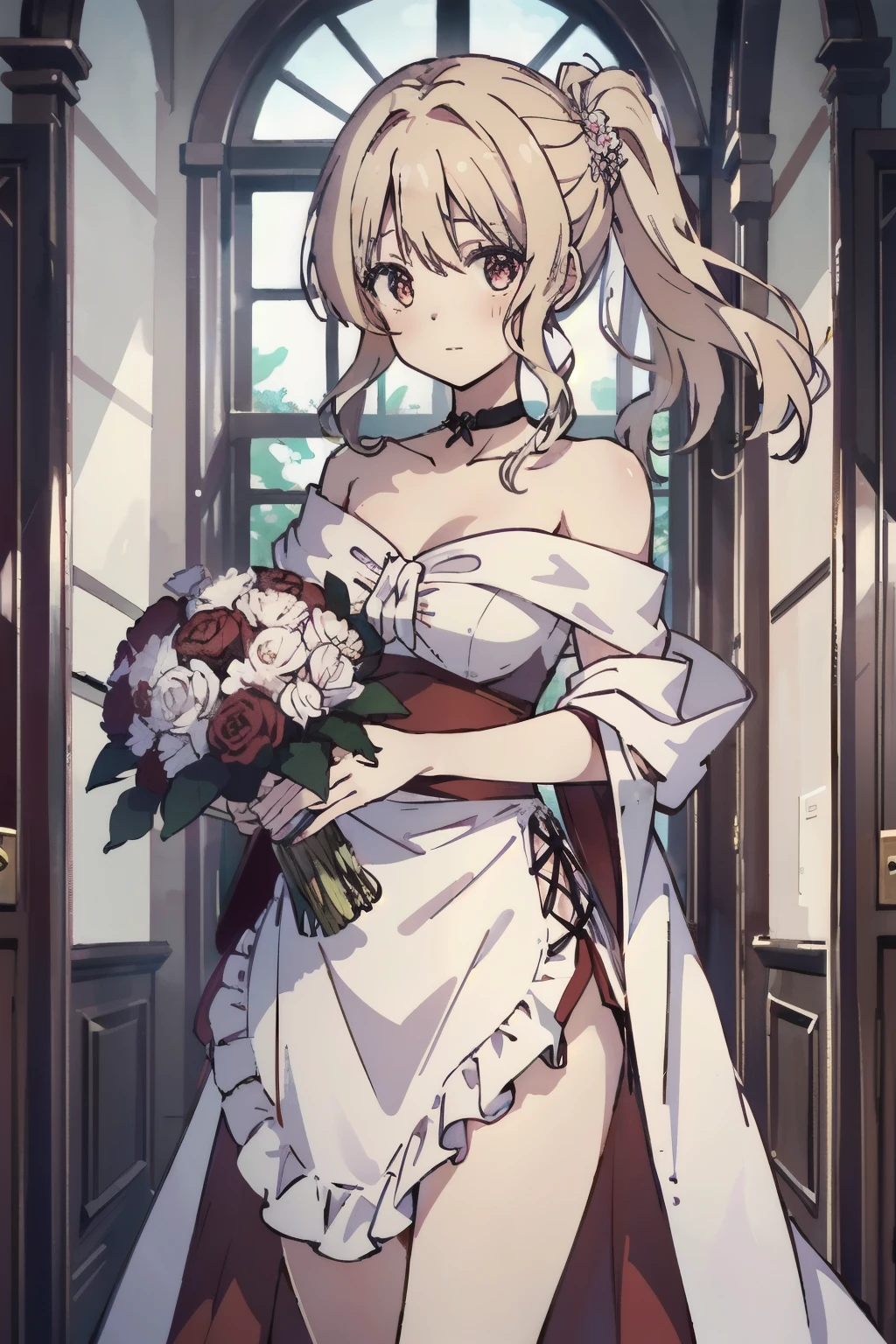 (chef-d'œuvre, meilleure qualité)
YuiDiabolikLovers, 1fille, Seul, cheveux longs, seins, regardant le spectateur, bouche ouverte, frange, cheveux blonds, yeux rouges, gants, robe, ruban, tenant, clivage, medium seins, debout, clavicule, queue de cheval, fleur, manches courtes, mèches sur les côtés, extérieurs, lèvres entrouvertes, choker, jour, elbow gants, white gants, hors épaule, white robe, red ruban, sans bretelles, , high queue de cheval, red fleur, pink robe, voile, sans bretelles robe, red , bouquet, wedding robe, off-shoulder robe, long robe, bridal voile, collier rouge, ruban choker, tenant bouquet