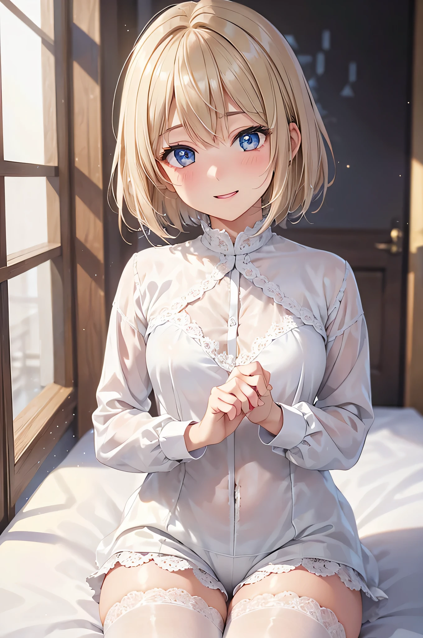  8K resolution ,(( top quality)), ultra high definition,femboy, Alone, ( embarrassed smile), (Light brown eyes),  beautiful symmetrical face , ( platinum blonde short hair ), white long sleeve shirt,Noble Attire , Lace Shorts , white tights, realistic:1.4, realistic:1.4,(masterpiece:1.2), perfect eyes, perfect eyes, Perfect Thighs ,（ open your mouth:1.3),Sigh,bedroom, boy