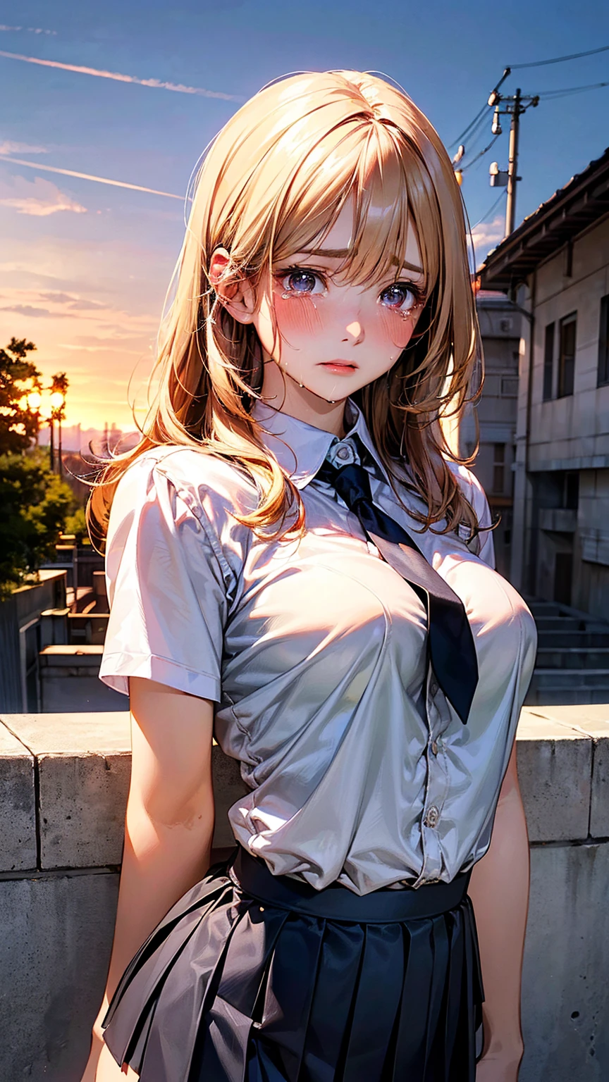 (Masterpiece:1.3、highest quality、Ultra-high resolution、Super detailed)、(Real:1.1、Photorealistic:1.4)、Beautiful illustrations、Perfect lighting、colorful、Border Depth、Beautiful hair in every detail、Beautiful face in every detail、Beautiful definition details、Beautiful clavicle、Beautiful body、Beautiful breasts、Beautiful thighs、Beautiful legs、Beautiful fingers、Show Viewer、1 girl、Japanese、high school girl、Perfect Face、(Perfect Anatomy、Anatomically correct)、Cute and symmetrical face、Baby face、Skin radiance、(Camel Toe:1.5、Shaved:1.2)、Blonde、Asymmetrical Bangs、blue eyes、Long eyelashes、(Chest)、Skinny、(Pull up your skirt、Not wearing underwear、No underwear:2、No bra:1.5)、((Collared short-sleeved shirt、White shirt、White panties、)Grey plaid pleated skirt、There is nothing attached under the skirt))、(Beautiful views)、noon、(Outdoor、distant cityscape)、Are standing、(She&#39;s pulling up her skirt herself:2)、(Cute smile、Blushing、Looking up、Open your mouth)、 (White knee socks:1.5)、hour々squat:1.2、Stick your fingers in your:1.2、