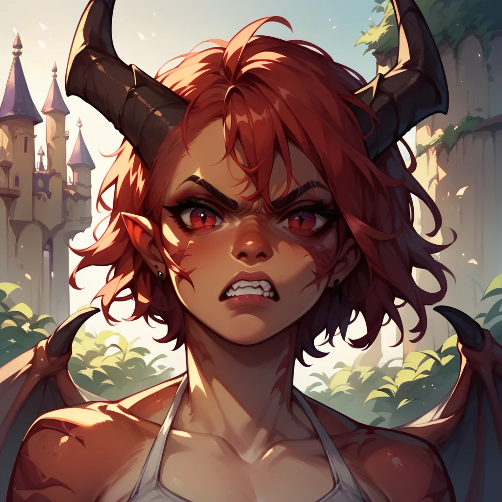 a female dragon with red eyes and short red hair. she has claws and wings and horns. she looks angry and is standing inside a dreary castle. she has on barbarian clothes. close-up to waist up. she is looking at you.