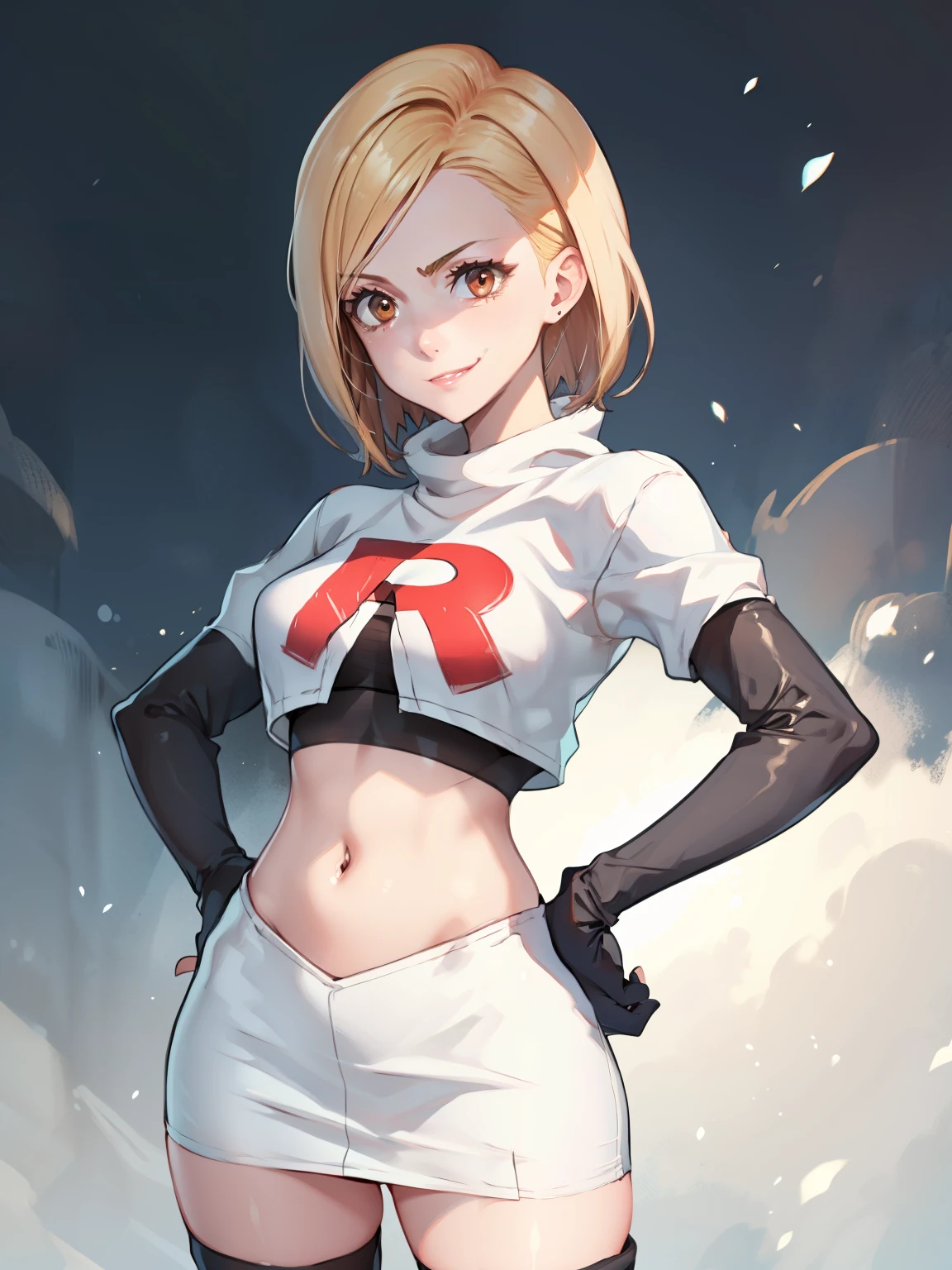 ff7elena, blonde hair,brown eyes,glossy lips ,team rocket uniform, red letter R, white skirt,white crop top,black thigh-high boots, black elbow gloves, evil smile, looking at viewer, cowboy shot, hands on hips