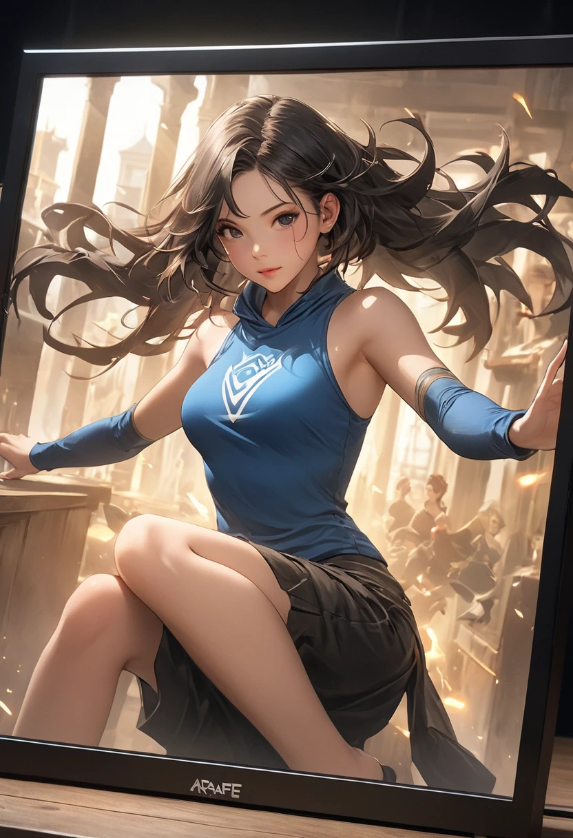 beautiful muscular woman and doing a jumping kick, six pack, long twin tails ,women in background , wearing crop top and chinese dress bottom, and leggings and thigh high boots, full body portrait