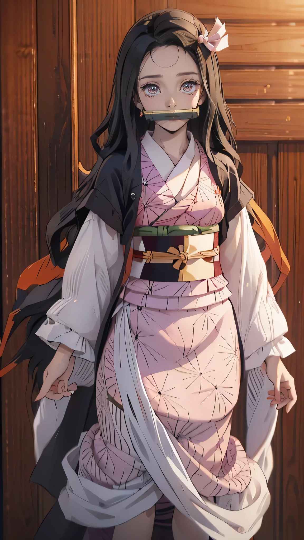 Masterpiece, Best Quality, High Resolution, Venus1, 1Girl, Solo, Tsuko Kamato, Bamboo, Gag, Hair (brown), Plaid Belt, Gag, Gag, Gradient Hair, Hair Ribbon, Haori, Japanese Clothing, Very Short Kimono, showing her underwear, , Long Hair, Looking at the Audience, Multicolored Hair, ((Gray Eyes)), Very Short Pink Kimono, Pink Ribbon, Ribbon, Solo, (((Masterpiece)), Forehead, standing posing, bamboo background, Cute puffing cheeks, seducing, slim waist, sexy posing, slim tight,
