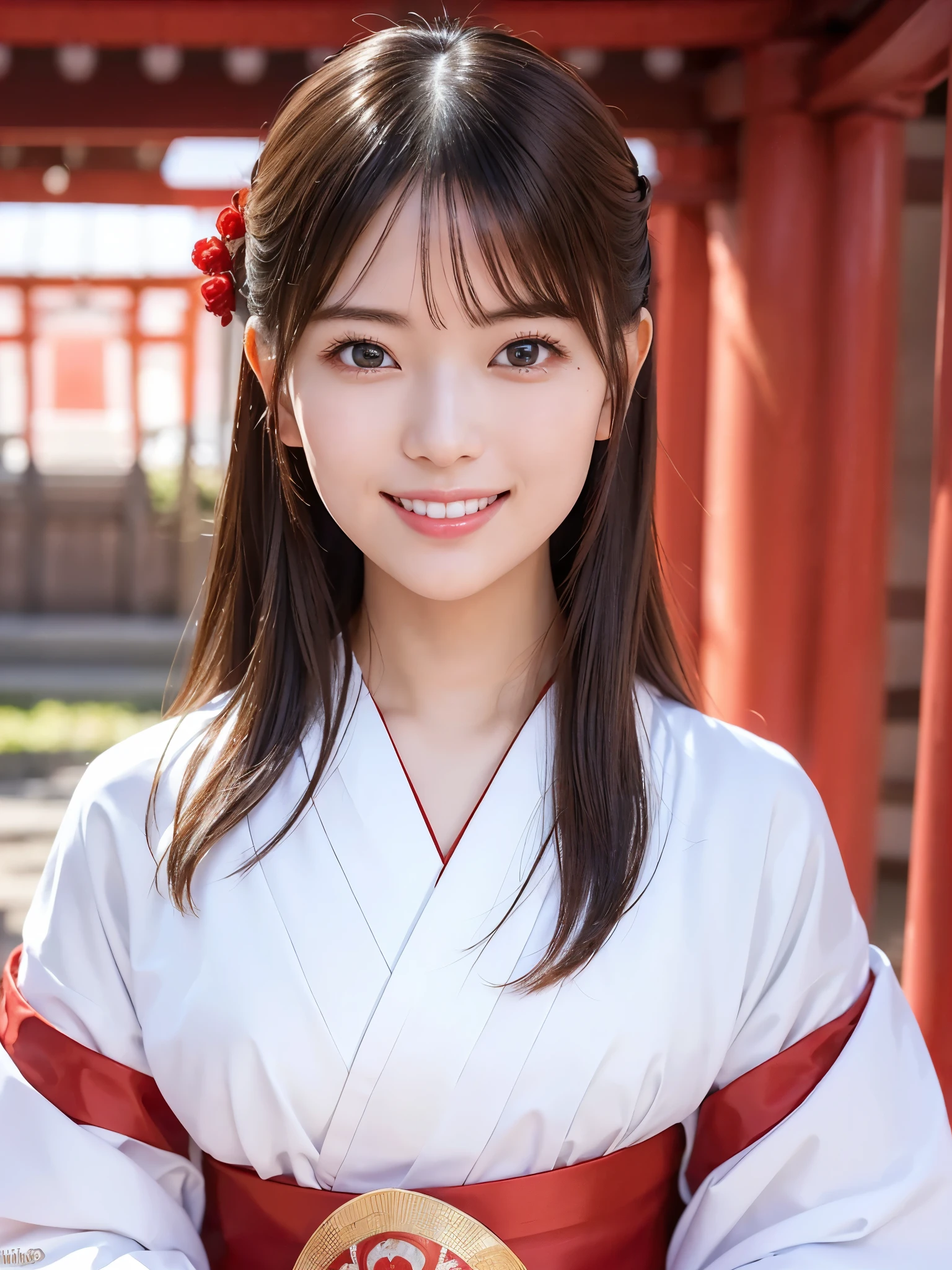 ( face close-up:1.2)、 top quality、 ultra high definition、(Photographically: 1.3)、 beautiful eyes、 very beautiful、 shiny hair 、Mature and elegant、(smile、smile:1.4)、(kawaii miko girl, wearing japanese white clothes,red hakama, in a Japanese shrine, 45 angle by krenz cushart and Mucha, golden hour lighting, strong rim light, intense shadows)
