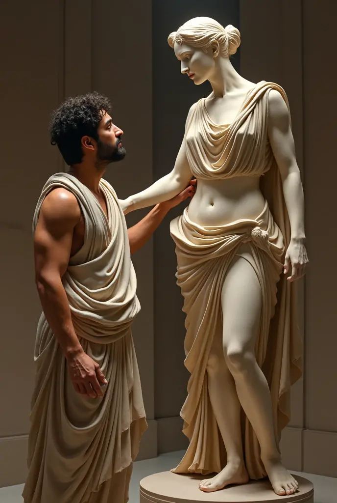 The image shows two sculptures, looking like marble, a woman and a man. The woman is standing, wearing a short red dress, with a cut in the middle, while the muscular man, the barbarian, is kneeling before her, kissing or touching your face to her thigh. in the upper left corner, there is a yellow circle that could represent the moon or a light.