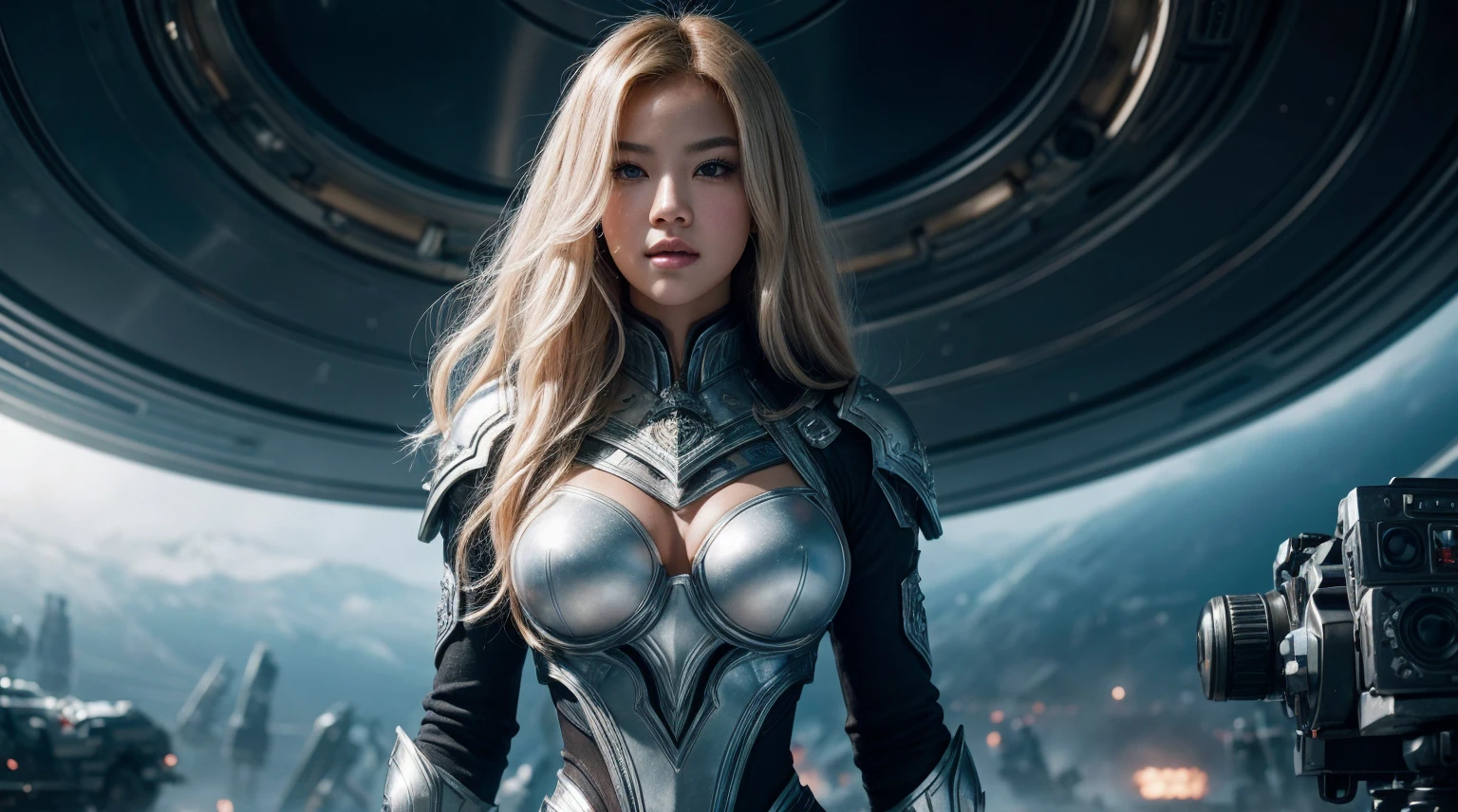 An ultra-realistic cinematic scene featuring BLACKPINK's Rosé in a frozen futuristic city. The scene depicts a sensual BLACKPINK's Rosé standing triumphantly on a battlefield, with in front of a exploding space battleship. her strong physique glistening with sweat and remnants of battle. She has long flowing blonde hair with bright highlights that fall freely around her. She has a curvy figure, dressed in a mix of glossy silver and ice-blue segmented plate armor, ornate motif with beautiful glowing patterns sexy tiny attire showing breasts.  She smiled warmly, her relaxed and joyful expression capturing the moment of elation over victory in war. A breathtaking skyscraper is seen in the spaceship background. Wide angle shot.  Rendered in ultra-realistic 12K resolution, Very sharp. 70-200mm f4 lens