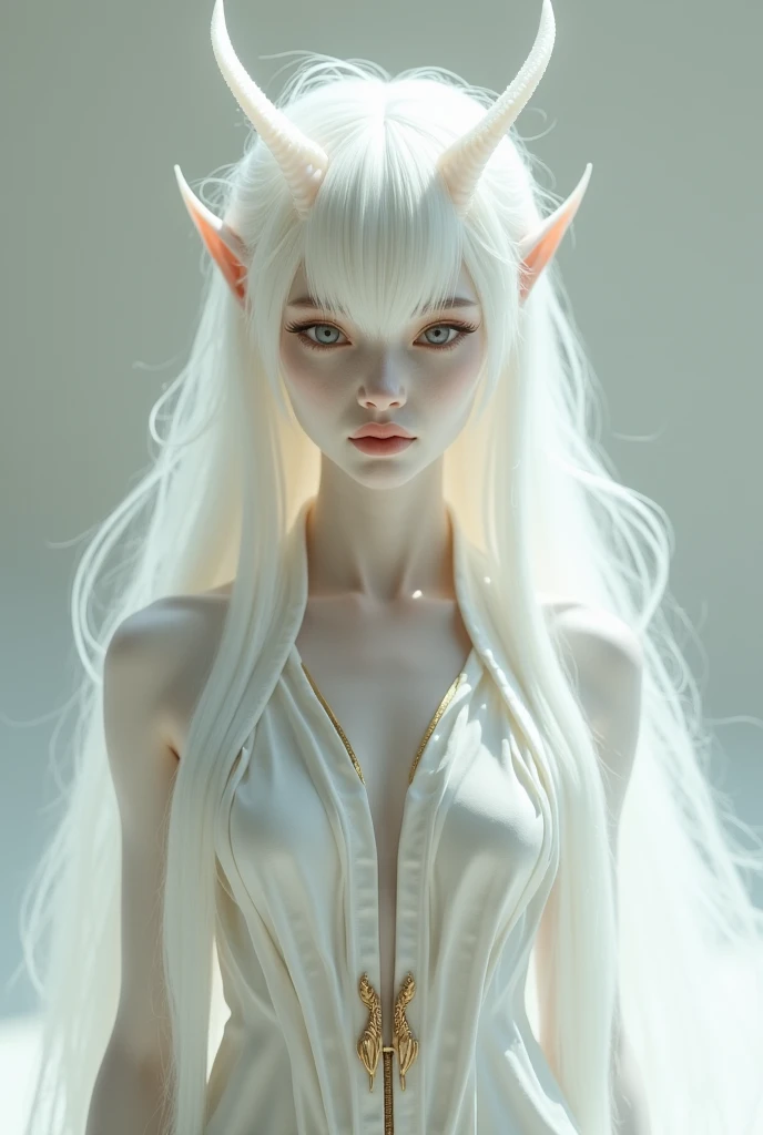 Human like alien with pale white skin and two antenna sttaulks sticking out of her head, and long white hair.
Wearing white skimpy clothes
