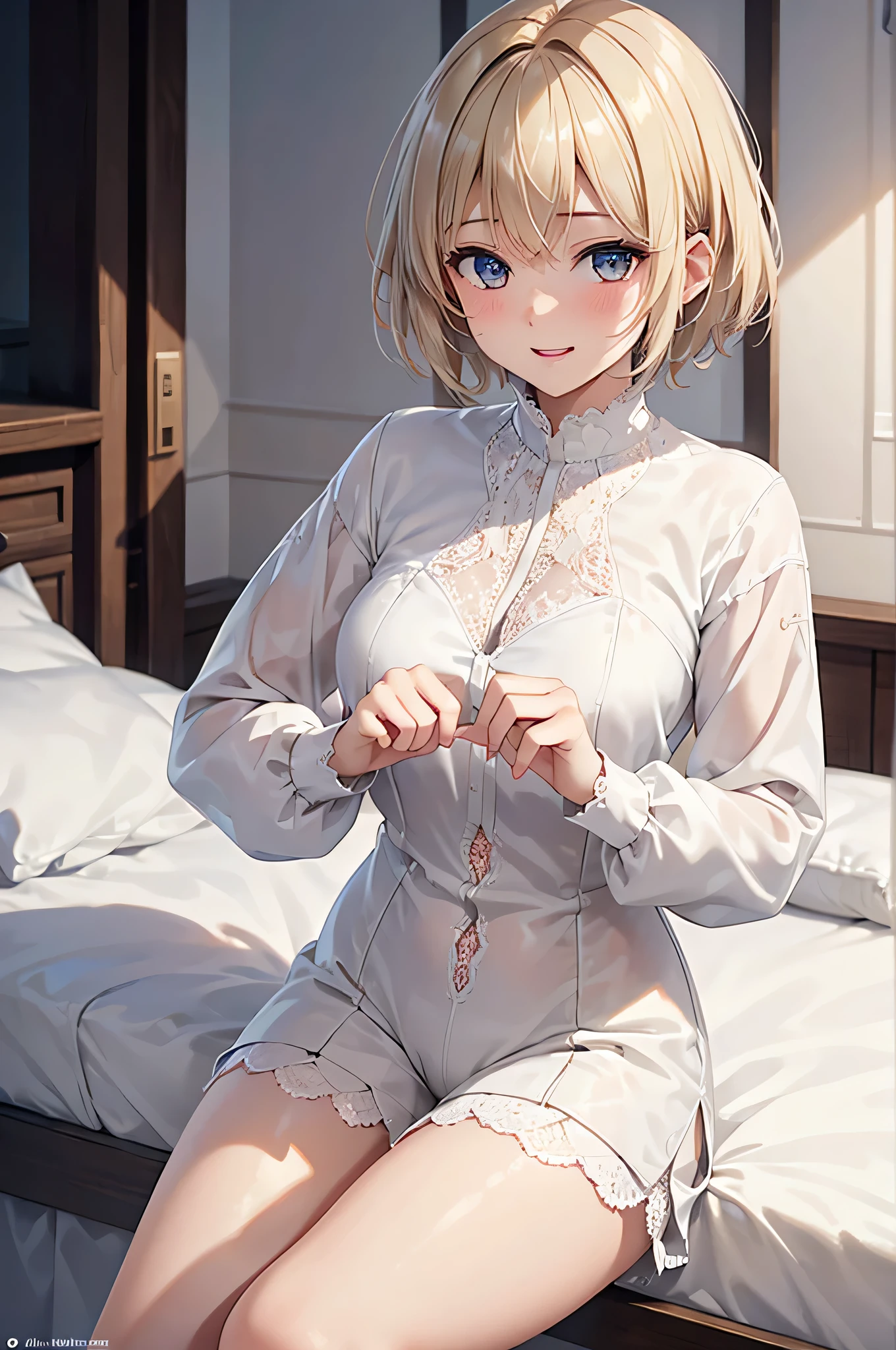  8K resolution ,(( top quality)), ultra high definition,prince, Alone, ( embarrassed smile), (Light brown eyes),  beautiful symmetrical face , ( platinum blonde short hair ), white long sleeve shirt,Noble Attire , Lace Shorts , white tights, realistic:1.4, realistic:1.4,(masterpiece:1.2), perfect eyes, perfect eyes, Perfect Thighs ,（ open your mouth:1.3),Sigh,bedroom, boy