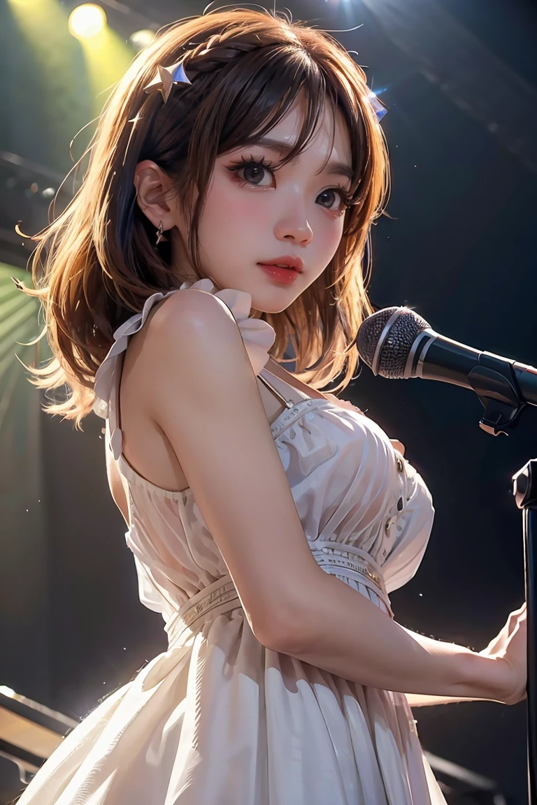 (highest quality:1.3), High resolution, Super detailed, Highly detailed CG Unity 8K wallpaper, realistic, photo-realistic, RAW photo, beautiful and detailed face, white skin, realistic glistening skin, fine fabric texture, detailed hair texture, perfect body, beautiful features, Accurate, anatomically correct, Highly detailed face and skin texture, one girl, cute, brown hair, ((curly hair, deep red eyes: 1. 2)), thick bangs, (A woman singing with a microphone in her left hand: 1. 2), ((beautiful idol costumes))、((stage、Spotlight))、Idols singing while receiving cheers、