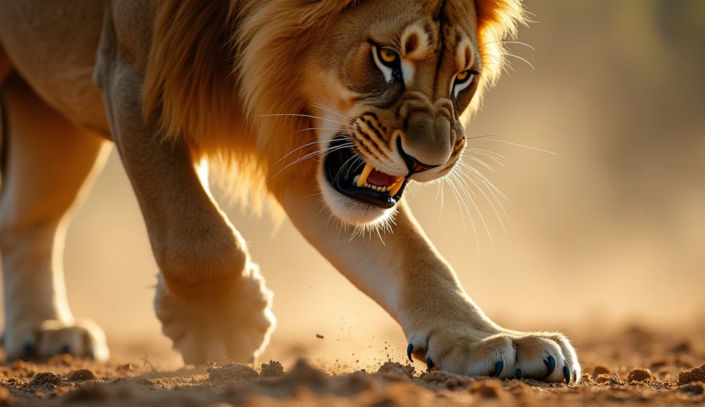 Realistic photos, RAW Photos, lion, attacks viewer, Powerful movements, jump on prey, ((Dynamic jump)), Sharp Claws, lion approaching from above, sudden approach, Bad-tempered, dynamic Shot from grand