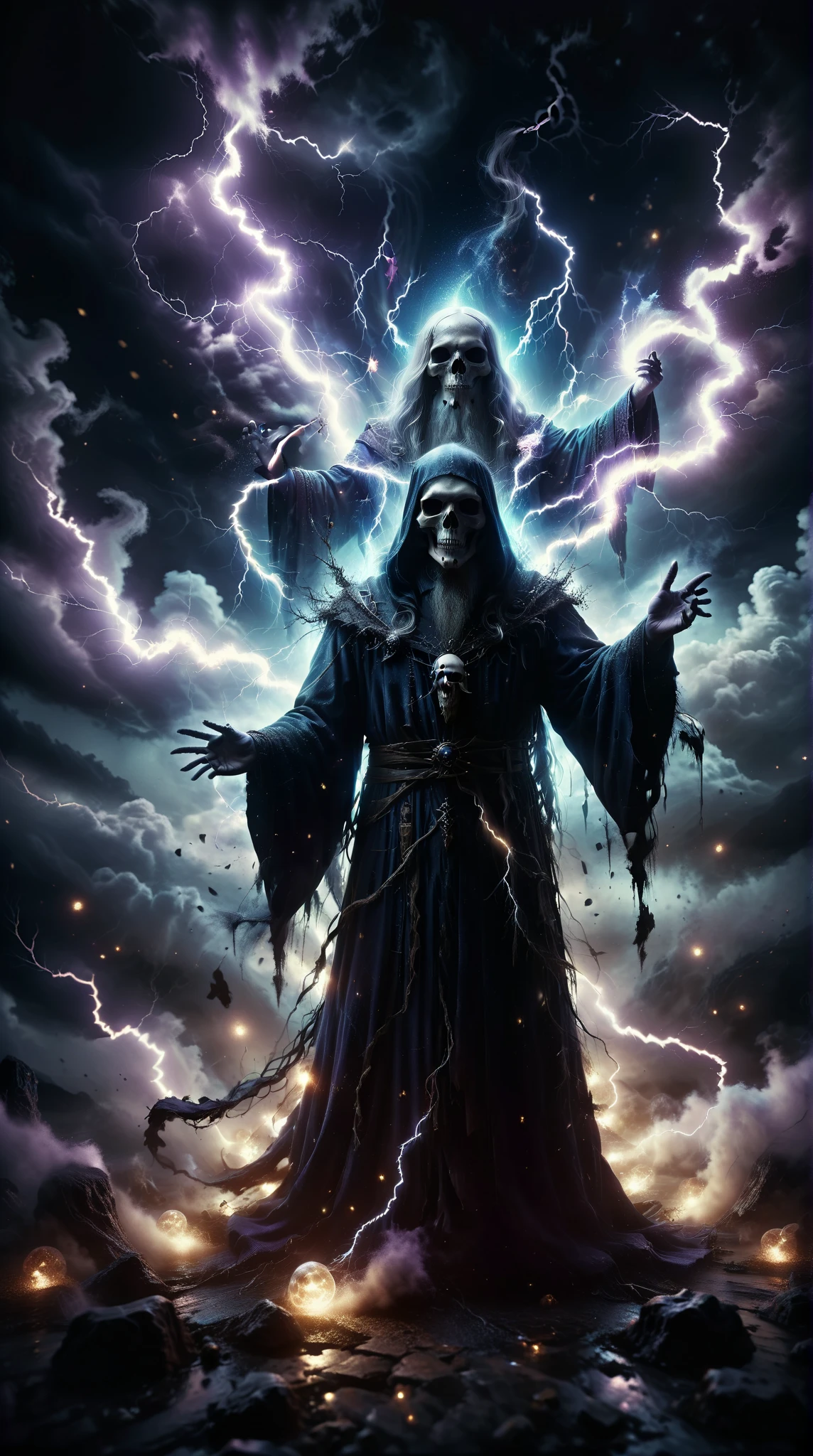 Dark Rune Astrologer,, Black Gold Astrologer,, magic void energy, Glowing eyes, Death Lightning, death energy ball floating on it's Bone Hand, Casting a Spell, Energy Splitting, Bone Hand, Wearing a luxurious cloak, Astral Skull Floating, Land and rocks float with the power of astrology, detailed glowing runic line floating around, Bones and skulls littered the ground, Deep purple energy, floating in the air, e-chains®, Magic array on the ground,,detailed,Practical,4k highly detailed digital art,Octane Rendering, Bioluminescence, 8k resolution concept art, realism,Designed by Mappa Studio,masterpiece,best quality,Official Art,illustration,Clear lines,(Cool_color),Perfect composition,ridiculous, fantasy,concentrated,The third law
