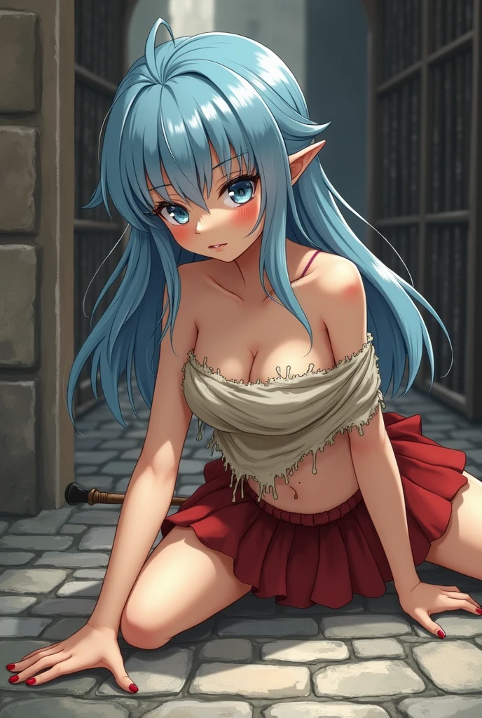 loli, stand on the ground in the castle, look at viewer, blue hair, elf, dark orange eyes, very happy expression, naked, highest resolution, high delicated, highest quality, collar, liquid drips from the crotch to the toes, very slightly sweaty, low sharpness