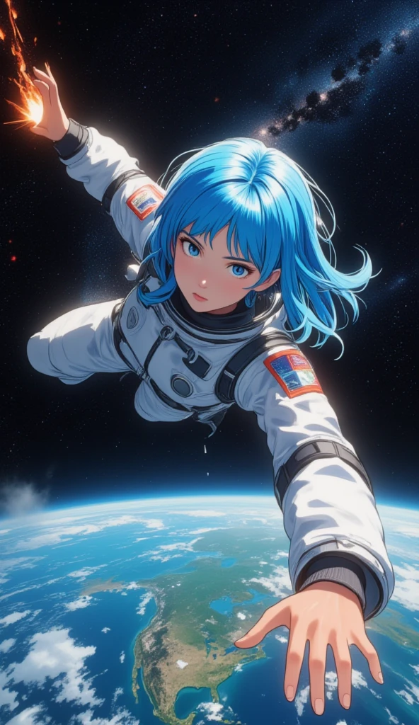  A beautiful young Korean woman .
blue hair.
sexy.
dressed as an astronaut . 
 Is falling from space toward Earth.
At your feet an aura of glowing fire . 
(anime style 32K, HDR, UHD, intricate detail, extremely intricate detail, hyperrealistic, extremely realistic, high quality, vivid color, extremely detailed).