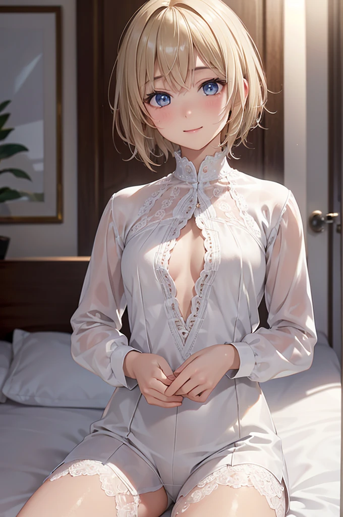  8K resolution ,(( top quality)), ultra high definition,prince, Alone, ( embarrassed smile), (Light brown eyes),  beautiful symmetrical face , ( platinum blonde short hair ), white long sleeve shirt,Noble Attire , Lace Shorts , white tights, realistic:1.4, realistic:1.4,(masterpiece:1.2), perfect eyes, perfect eyes, Perfect Thighs ,（ open your mouth:1.3),Sigh,bedroom, boy,uncontoured chest