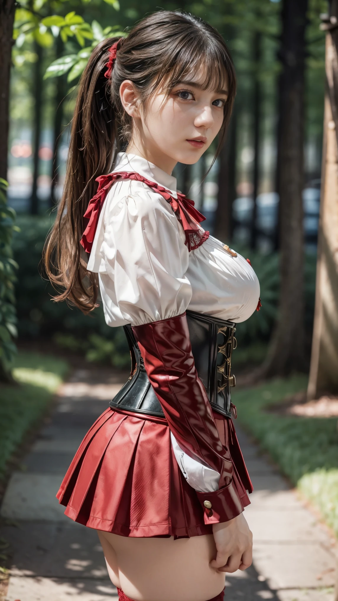 8K,((masterpiece)), ((best quality)), (ultra-detailed), High detail, professional photograph, highest quality, floating hair, beautiful detailed, (((realistic))), hyper realistic character,natural lighting ,beautiful detailed eyes,1girl, solo,blunt bangs, realistic, ((a girl with a large bust)), her blouse is about to burst from her Gigantic breasts, short ponytail, bangs, thick thighs, beautiful detailed eyes, beautiful detailed lips, extremely detailed eyes and face, long eyelashes, , ((red corset blouse)), ((red blouse)), (black pleated skirt), thigh-high socks, suspenders, photo-realistic, 8k, vivid colors, masterpiece, anime, cinematic lighting, soft focus, (from side:1.4),((Thin and long Beautiful legs))