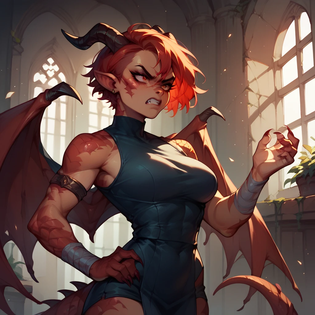 a female dragon with red eyes and short red hair. she has claws and wings and horns. she looks angry and is standing inside a dreary castle. she has on barbarian clothes waist up.