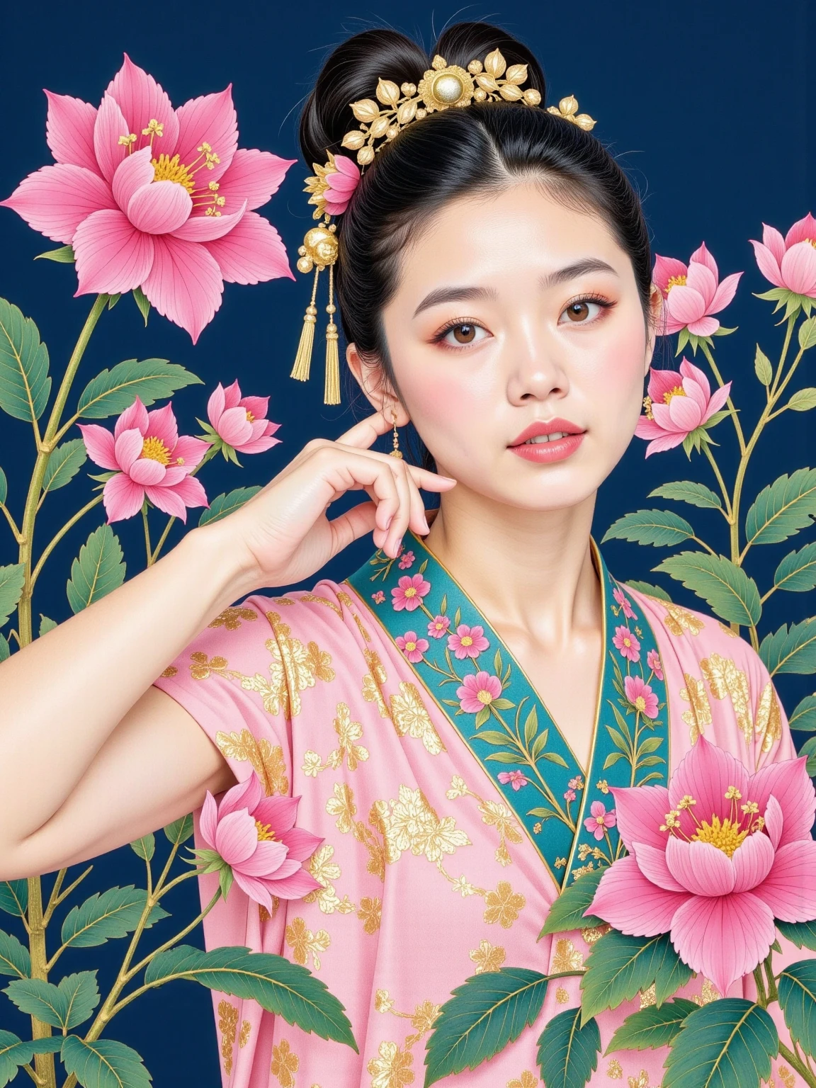 Model close-up ， fashion cover pose composition， Soft focus effect ，Vignetting，Gaussian Blur，Motion Blur， wet ink smudging ， blue background background ，Lin Fengmian，Liu Danzhai，Commercial Illustration， Digital Art，Rock Color，