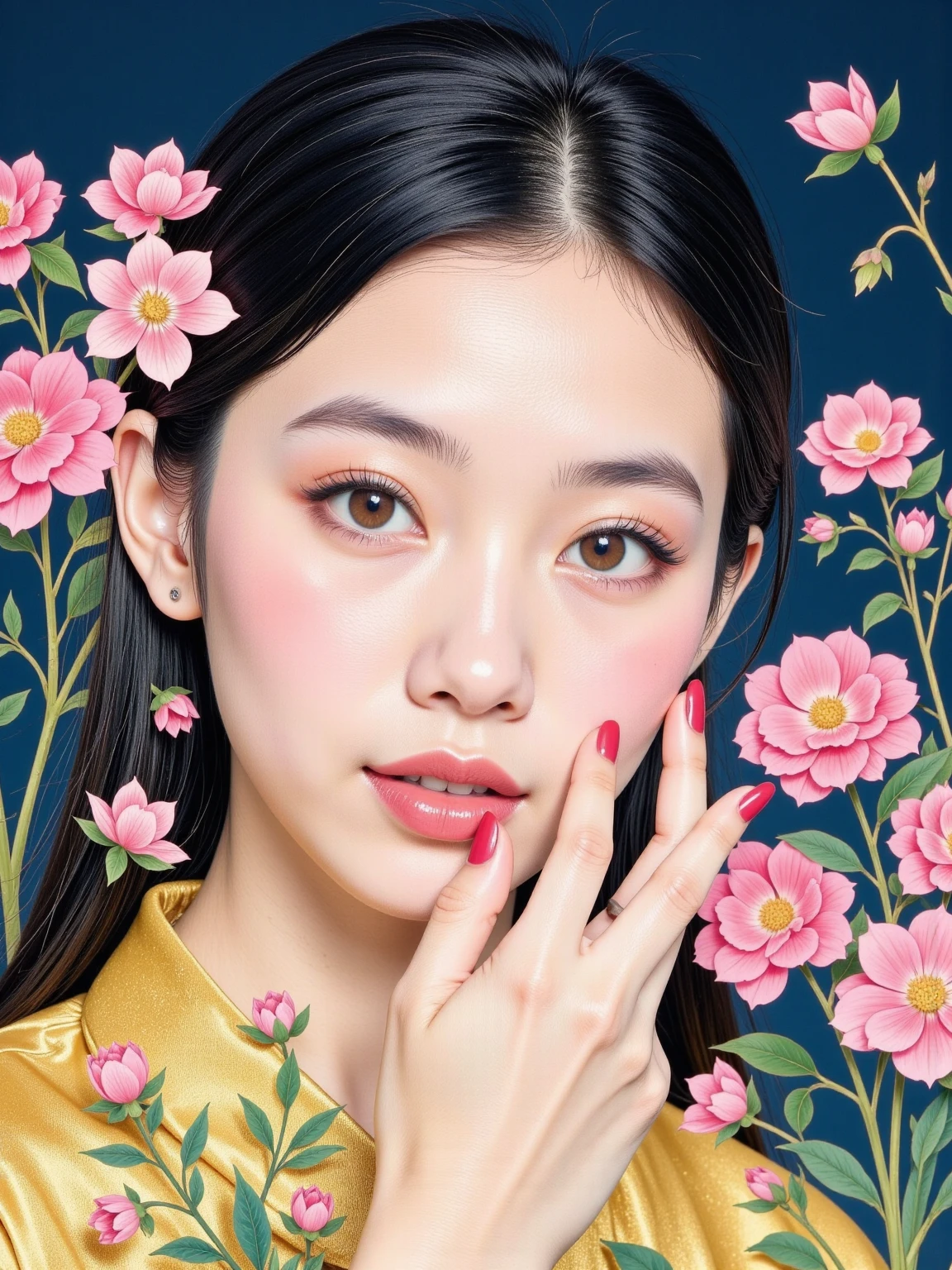 Model close-up ， fashion cover pose composition， Soft focus effect ，Vignetting，Gaussian Blur，Motion Blur， wet ink smudging ， blue background background ，Lin Fengmian，Liu Danzhai，Commercial Illustration， Digital Art，Rock Color，