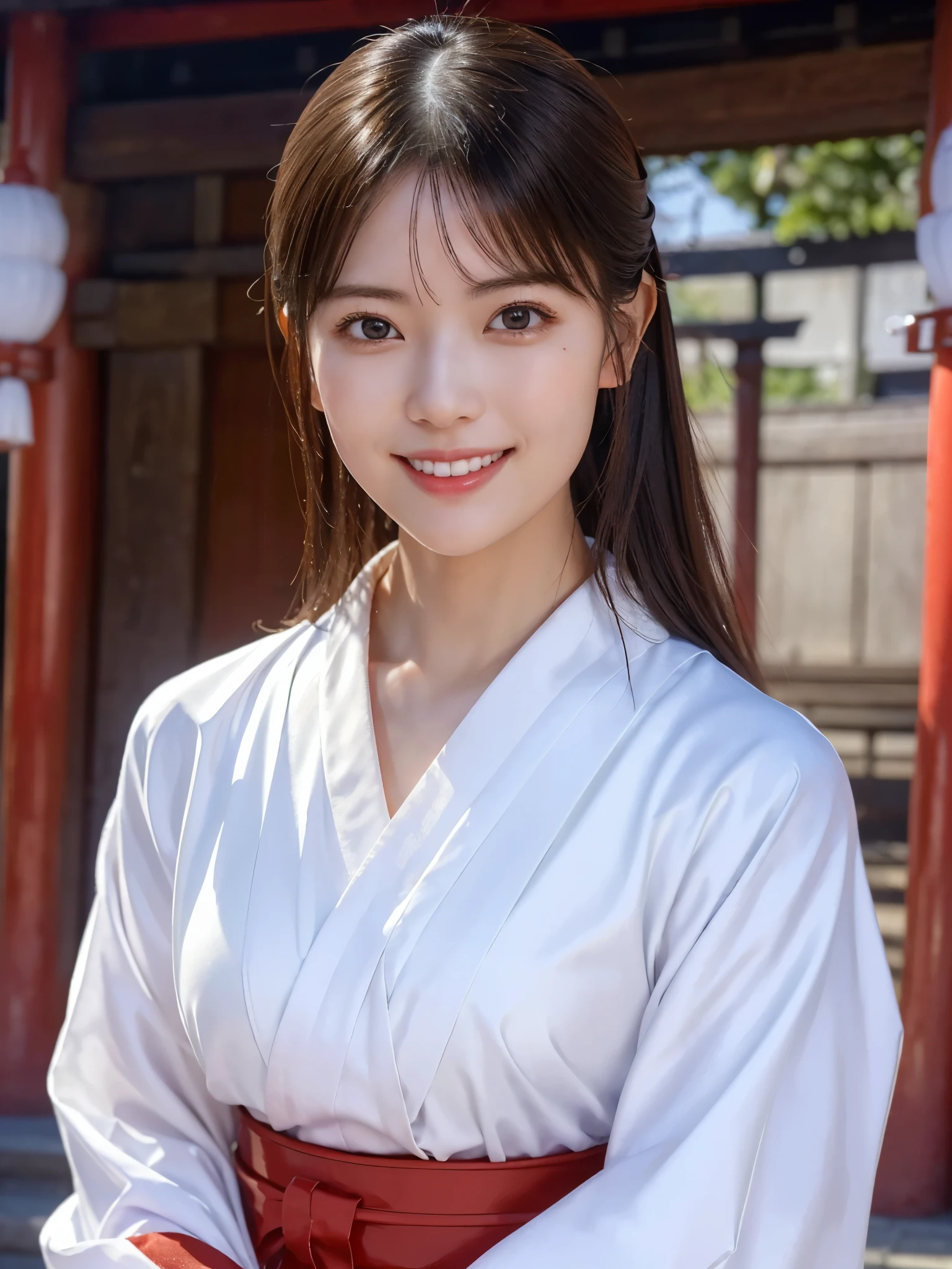 ( face close-up:1.2)、 top quality、 ultra high definition、(Photographically: 1.3)、 beautiful eyes、 very beautiful、 shiny hair 、Mature and elegant、(smile、smile:1.4)、(kawaii miko girl, wearing japanese white clothes,red hakama, in a Japanese shrine, 45 angle by krenz cushart and Mucha, golden hour lighting, strong rim light, intense shadows)