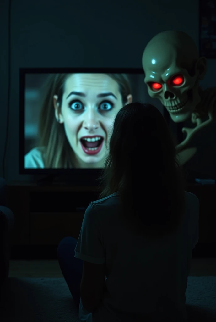"A woman sitting in a dimly lit room looking at a TV screen. On the TV, her terrified reflection appears, with exaggerated wide eyes and an expression of shock. A horrifying, demonic creature with glowing red eyes emerges from the side, its skeletal face intimidating. The atmosphere is eerie, with muted colors and a strong focus on fear and suspense."