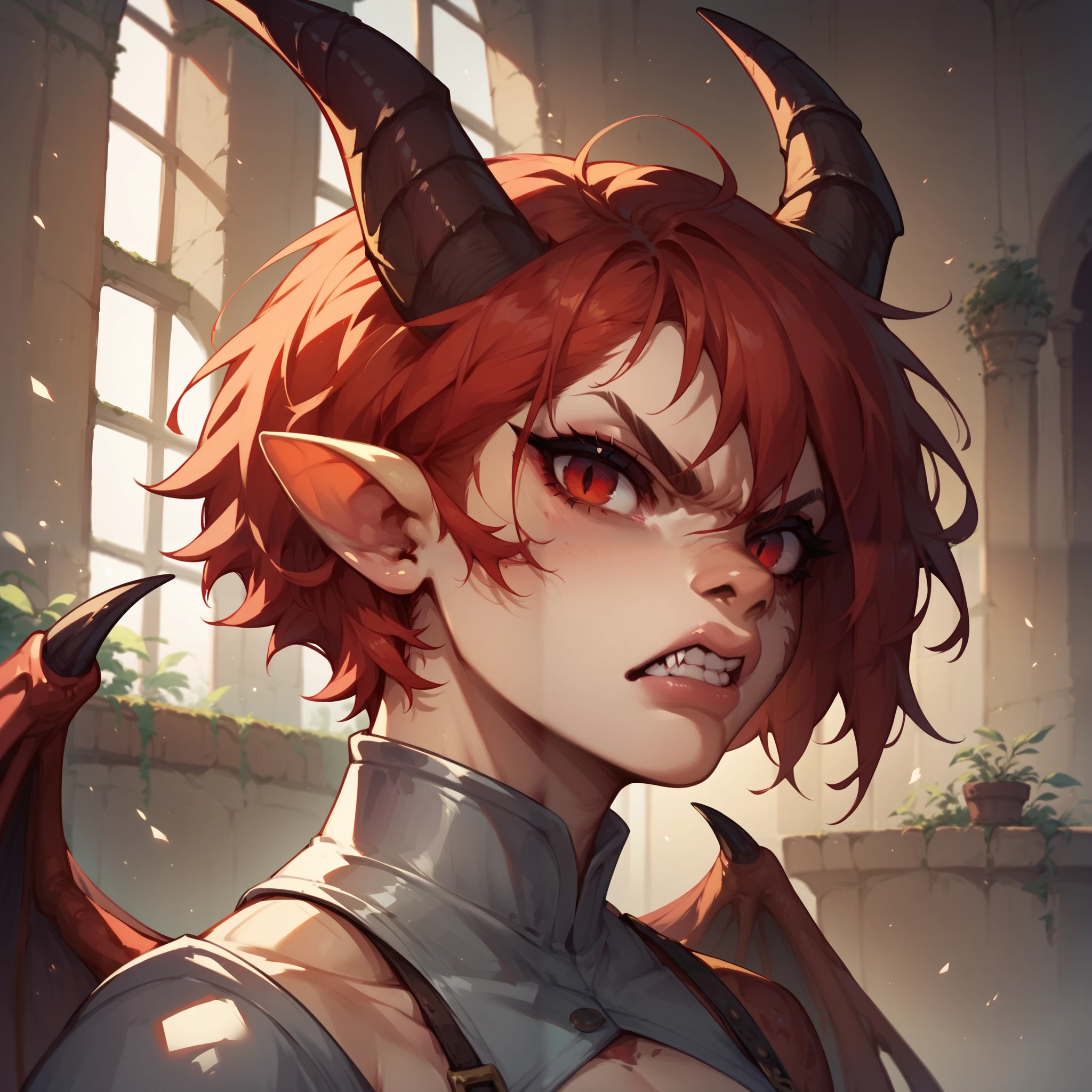 a female dragon with red eyes and short red hair. she has claws and wings and horns. she looks angry and is standing inside a dreary castle. she has on barbarian clothes. close-up to waist up. she is looking at you.