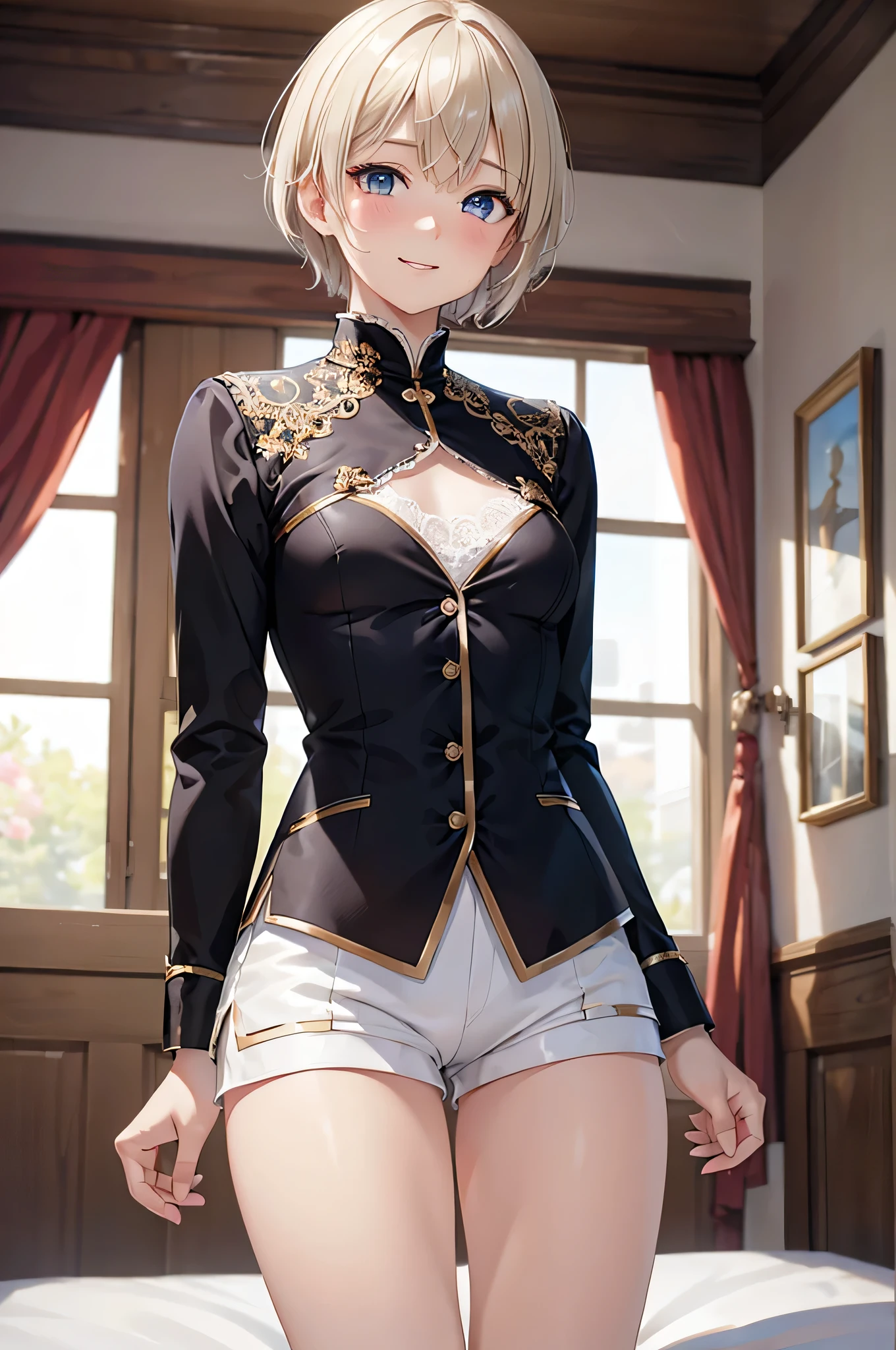  8K resolution ,(( top quality)), ultra high definition,prince, Alone, ( embarrassed smile), (Light brown eyes),  beautiful symmetrical face , ( platinum blonde short hair ), white long sleeve shirt,Noble Attire , Lace Shorts , white tights, realistic:1.4, realistic:1.4,(masterpiece:1.2), perfect eyes, perfect eyes, Perfect Thighs ,（ open your mouth:1.3),Sigh,bedroom, boy, flat chest