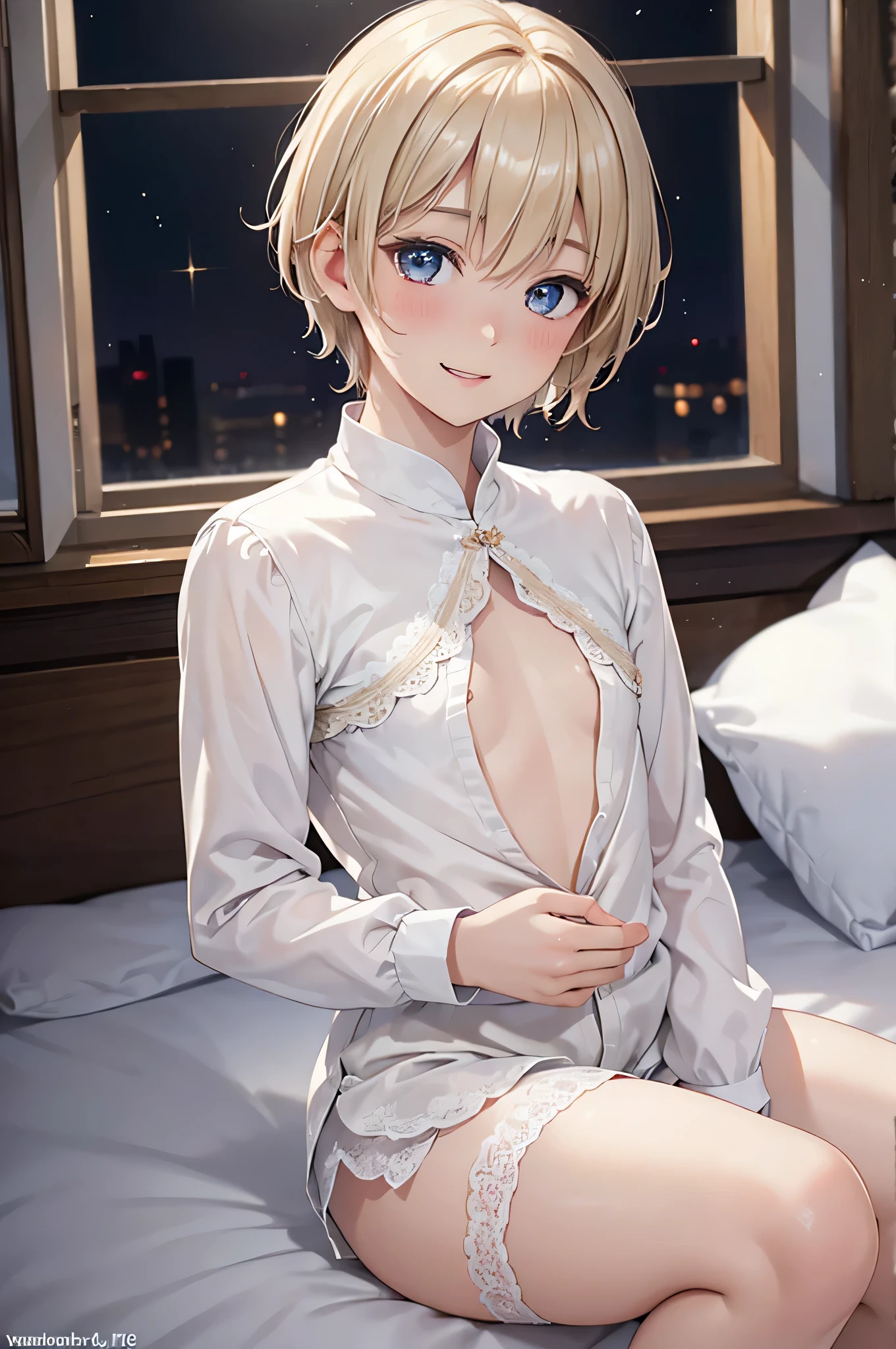  8K resolution ,(( top quality)), ultra high definition,prince, Alone, ( embarrassed smile), (Light brown eyes),  beautiful symmetrical face , ( platinum blonde short hair ), white long sleeve shirt,Noble Attire , Lace Shorts , white tights, realistic:1.4, realistic:1.4,(masterpiece:1.2), perfect eyes, perfect eyes, Perfect Thighs ,（ open your mouth:1.3),Sigh,bedroom, boy, flat chest