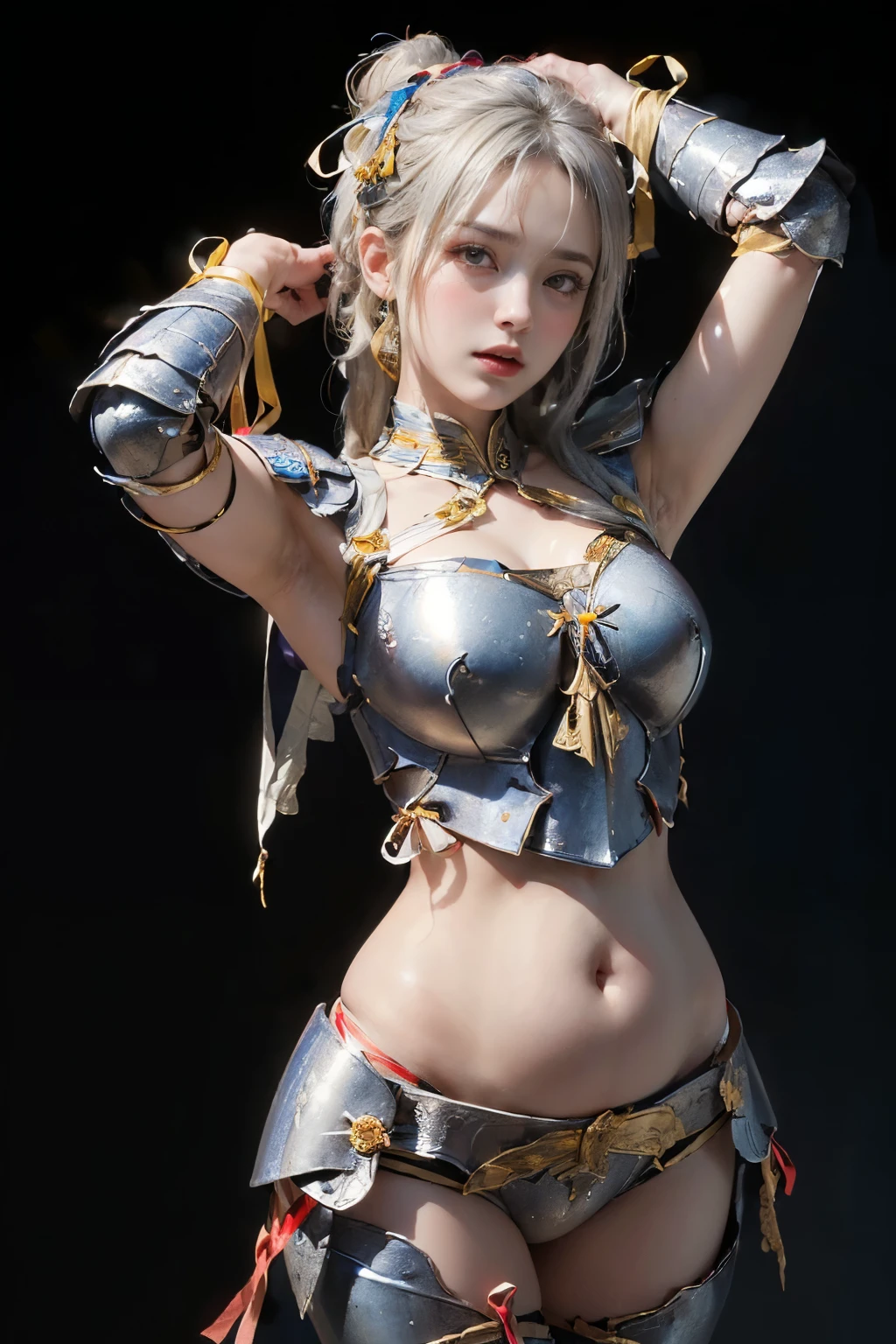 (( photoshoot)),((  Highest Resolution )),((  top quality,8k)), ((Masterpiece)), (  Details), Photographically,    high definition in Buruma, girl ,   Detailsな美しい顔,( BEAUTIFUL CONTRASTING EYES  ),(( wear your perfect figure over a white blouse)),  close your mouth,Medium silver hair  ,loose braids  ,  hair ornament,  will brush up his hair,((Armor richly decorated with ribbons  :1.5)),clavicle,belly button, thighs,( Show Me Your Armpits  :1.2),Lace Cape,((( Has a Big Stomach )))( Front Shot :1.6),