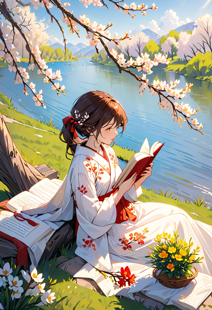 A girl reads a book on the lakeside,  bright color, spring, Willow Branch, comfortable, Warm Sunlight 