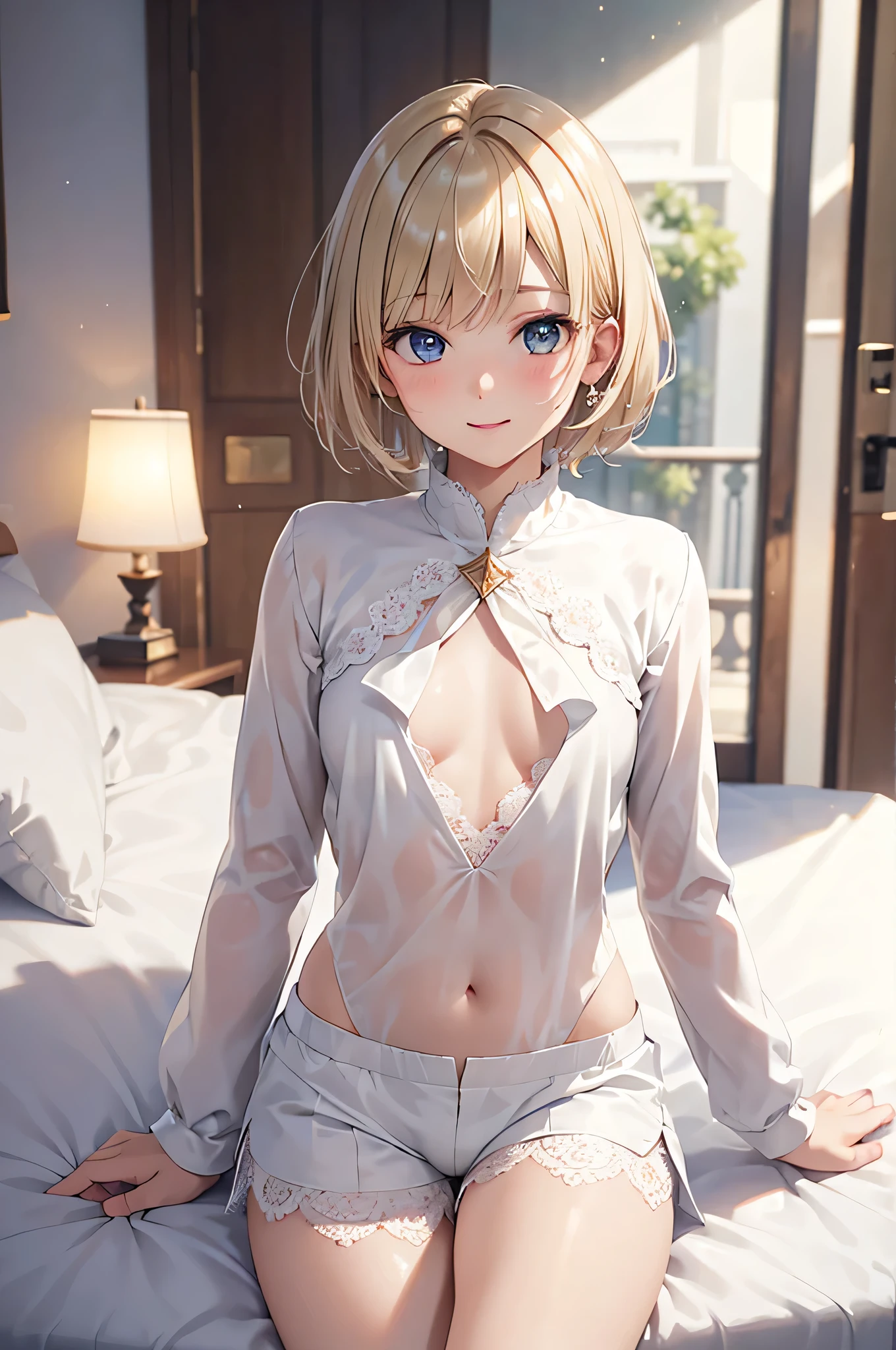  8K resolution ,(( top quality)), ultra high definition,prince, Alone, ( embarrassed smile), (Light brown eyes),  beautiful symmetrical face , ( platinum blonde short hair ), White Long Sleeve Shirt,Noble Attire , Lace Shorts , white tights, realistic:1.4, realistic:1.4,(masterpiece:1.2), perfect eyes, perfect eyes, Perfect Thighs ,（ open your mouth:1.3),Sigh,bedroom, boy, flat chest